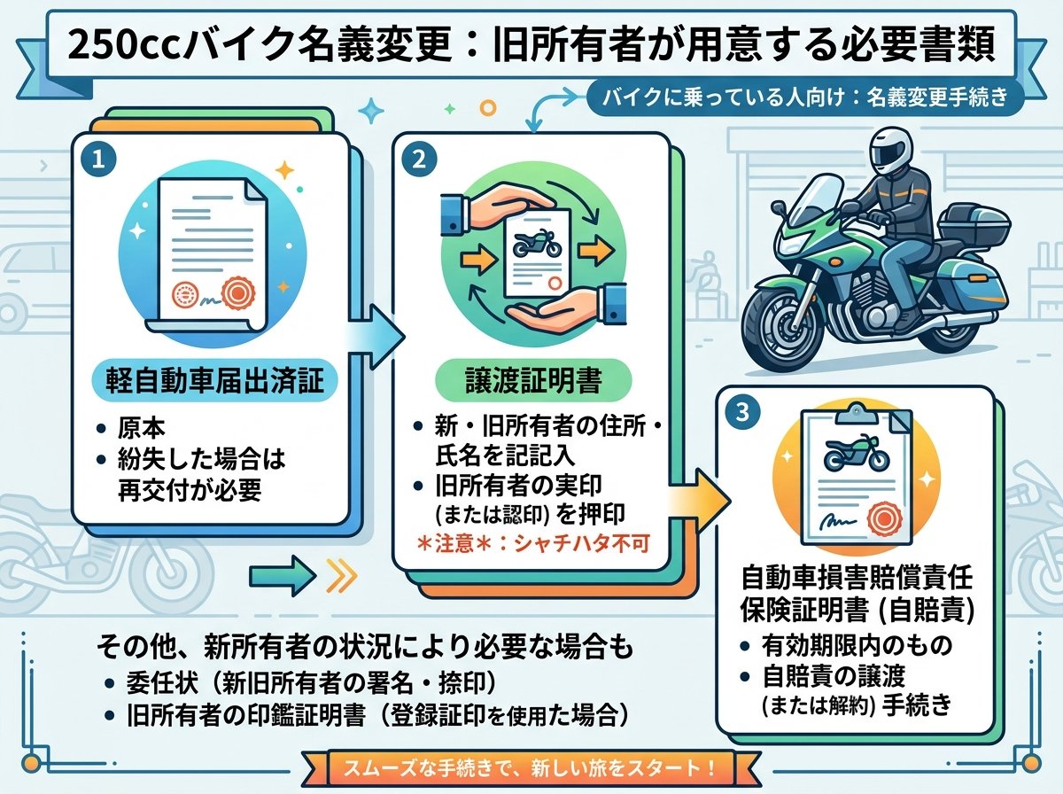 250ccバイク名義変更で旧所有者が用意する必要書類