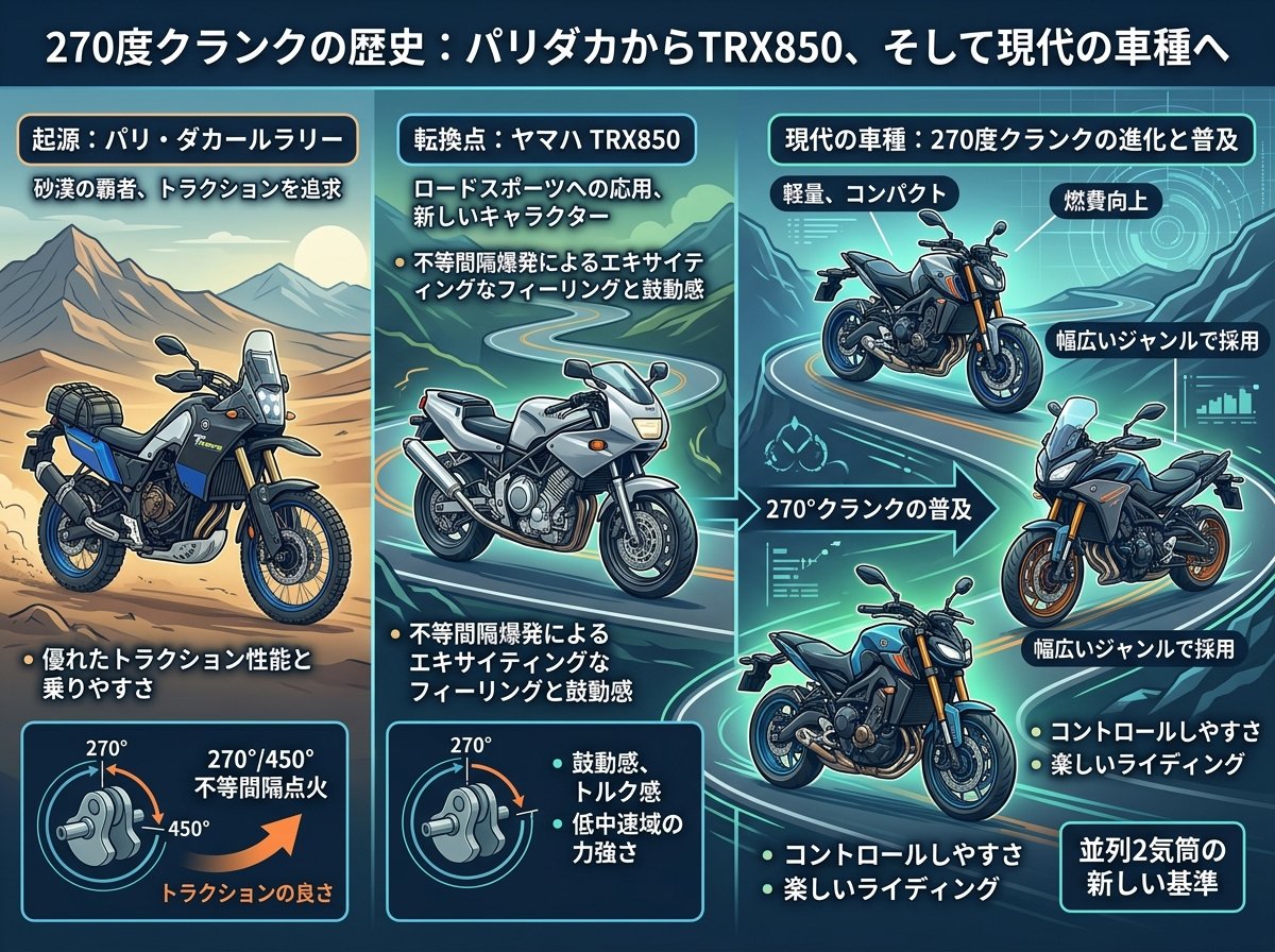 270度クランクの歴史:パリダカからTRX850、そして現代の車種へ