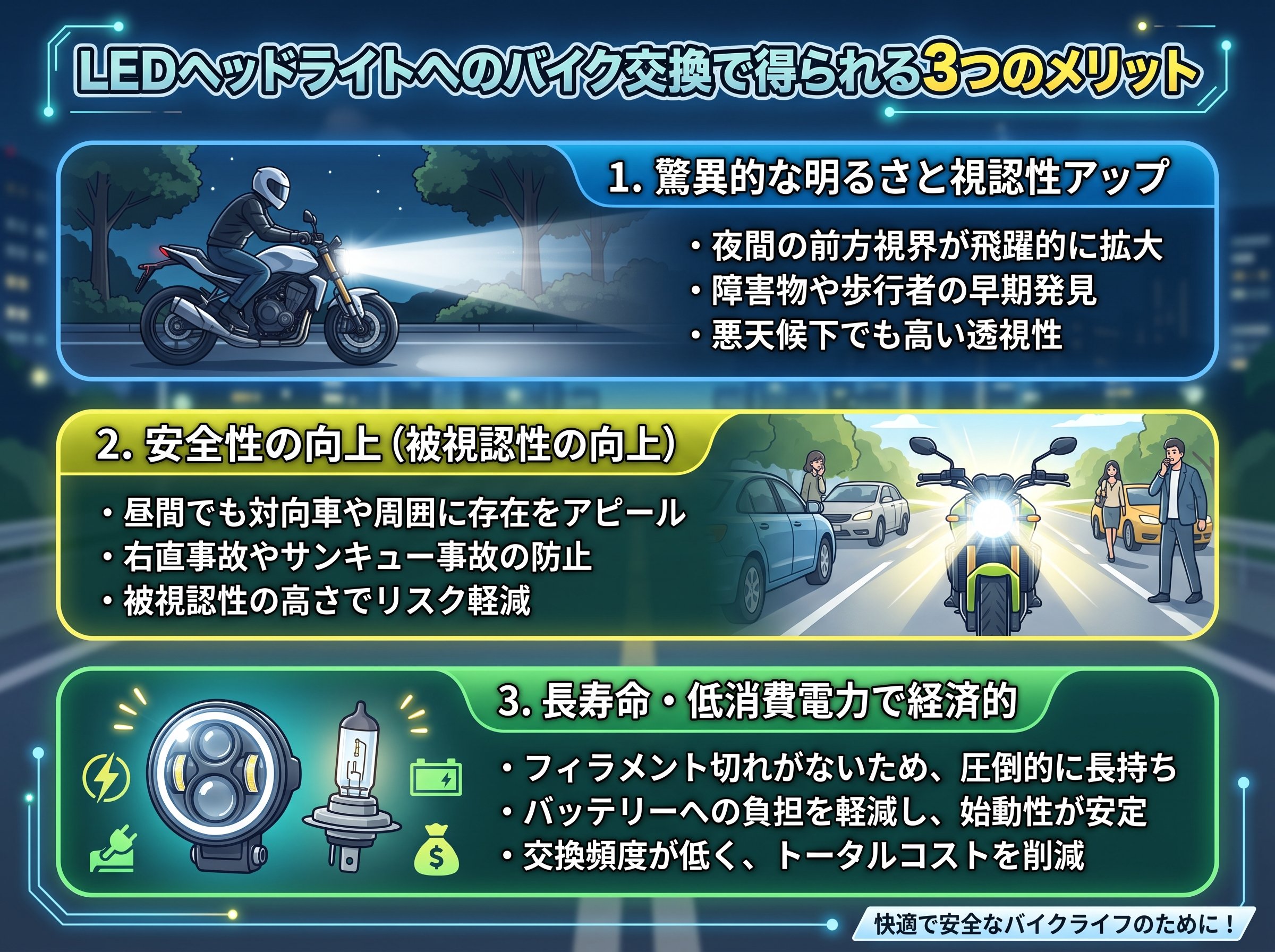 LEDヘッドライトへのバイク交換で得られる3つのメリット