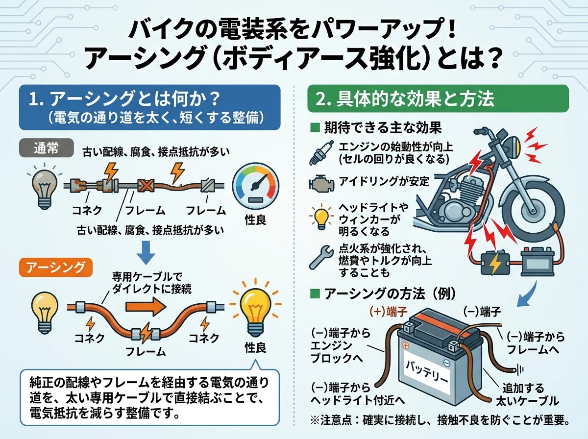 アーシングとはバイクの電気抵抗を下げる整備のこと