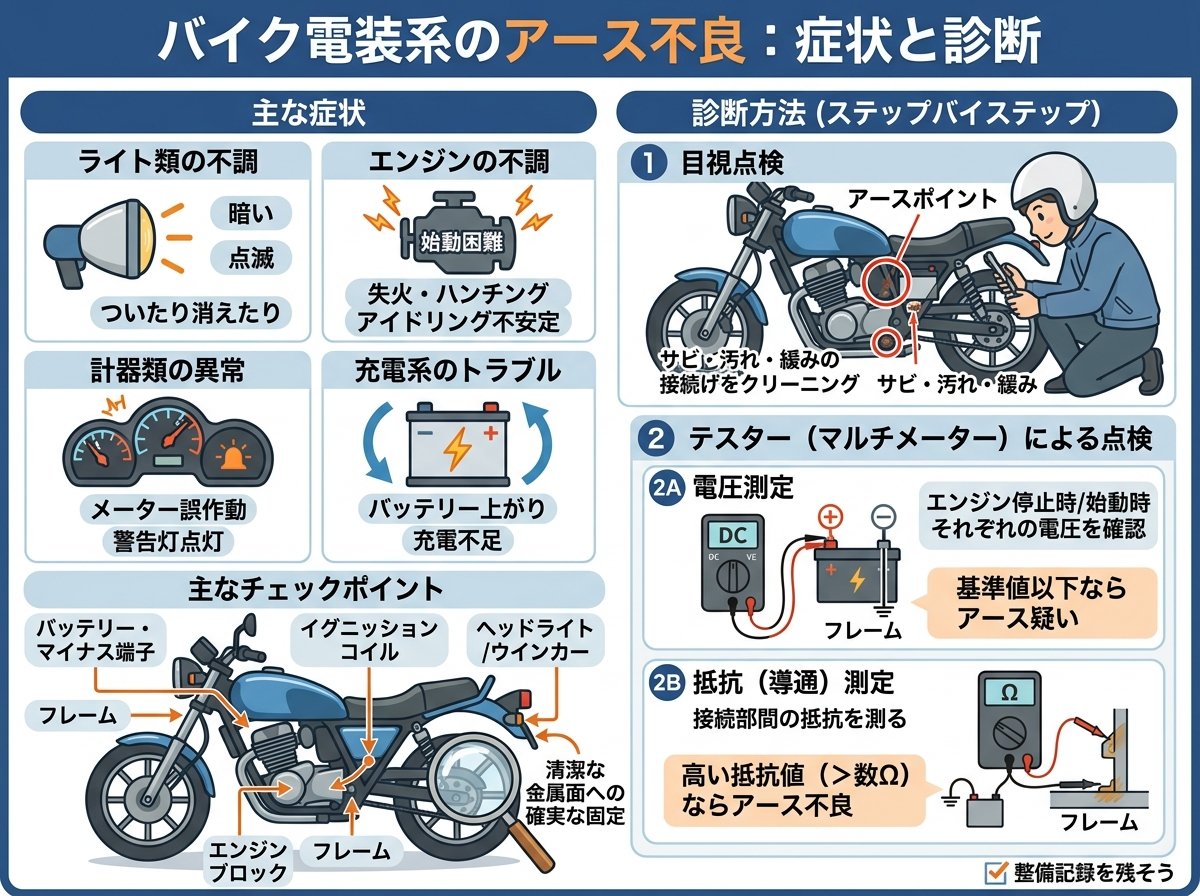 アース不良によるバイク電装系の主な症状と診断方法
