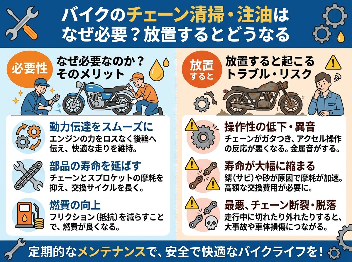 バイクのチェーン清掃・注油はなぜ必要なのか?放置するとどうなる