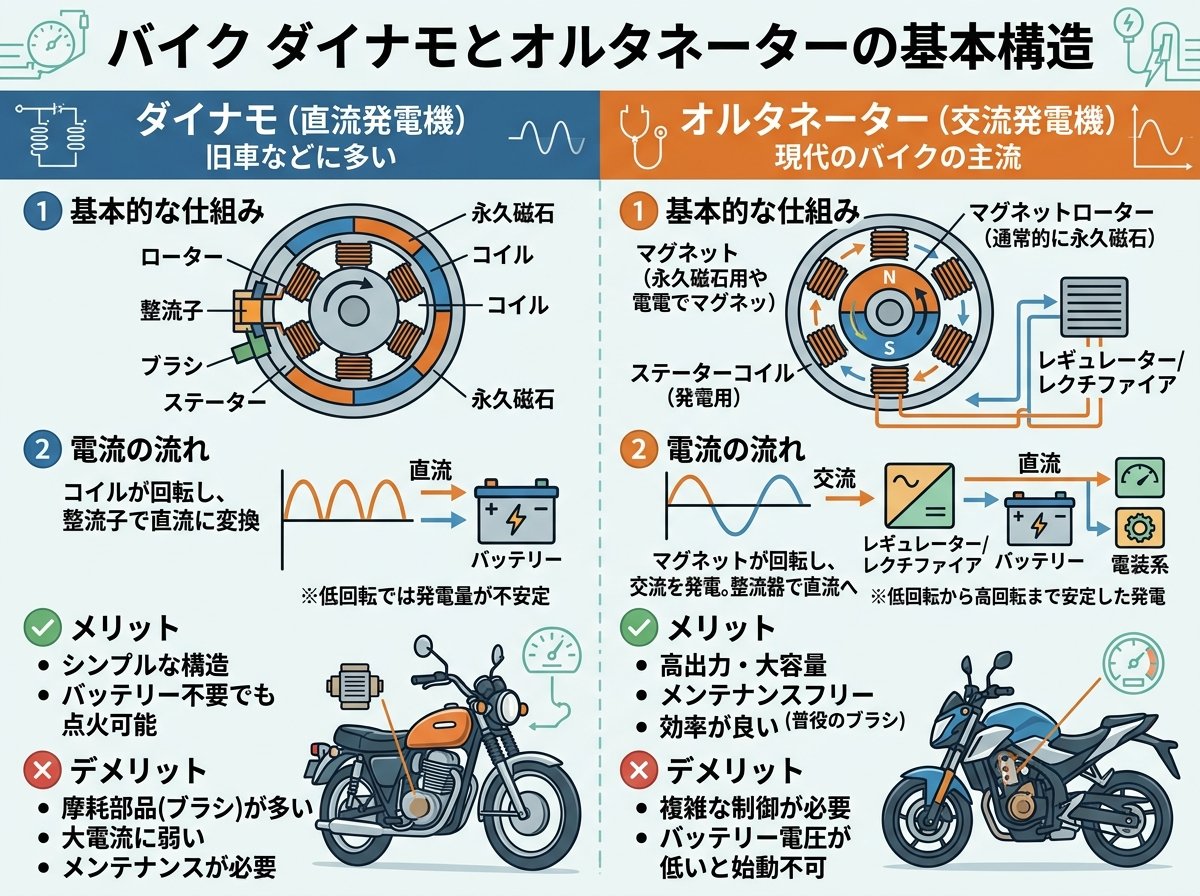 バイク ダイナモとオルタネーターの基本構造