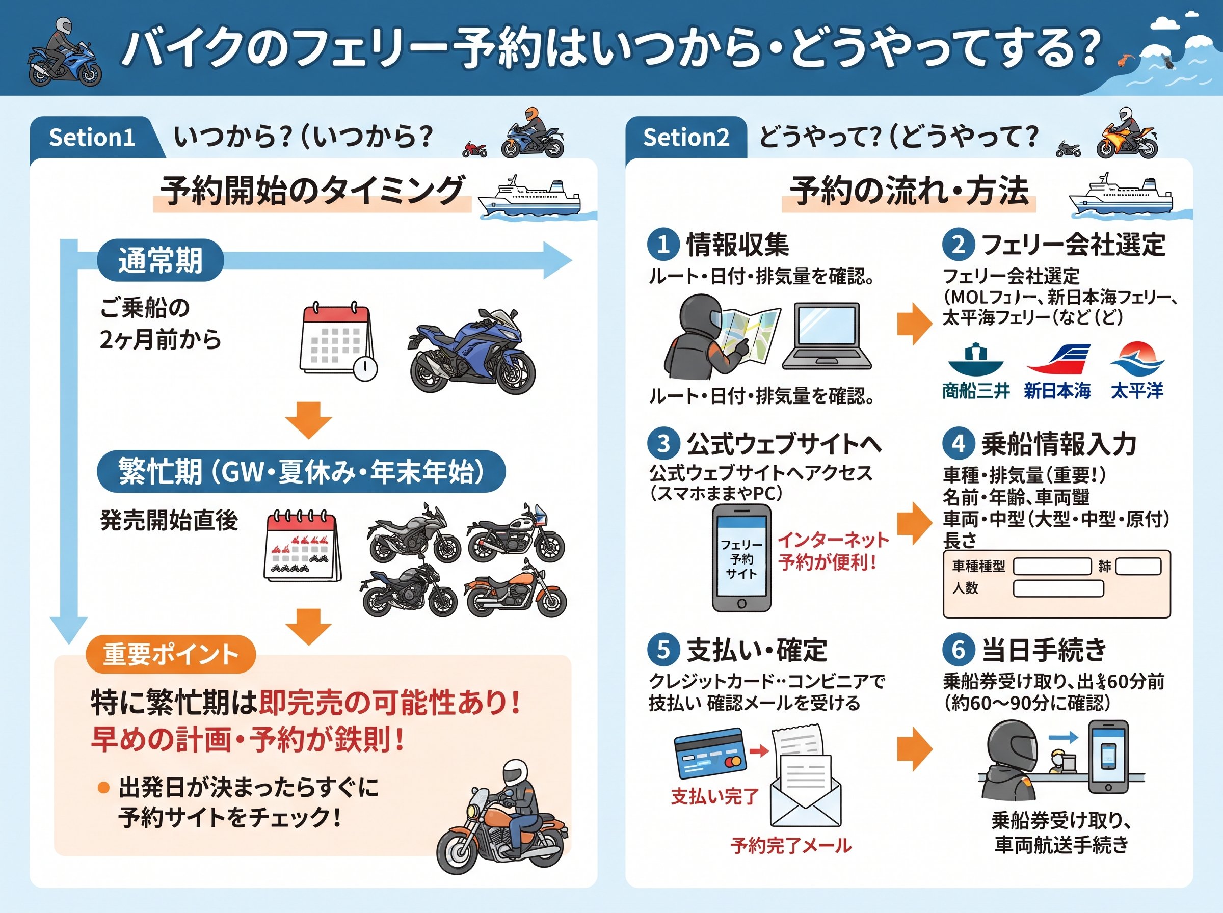 バイクのフェリー予約はいつから・どうやってする?