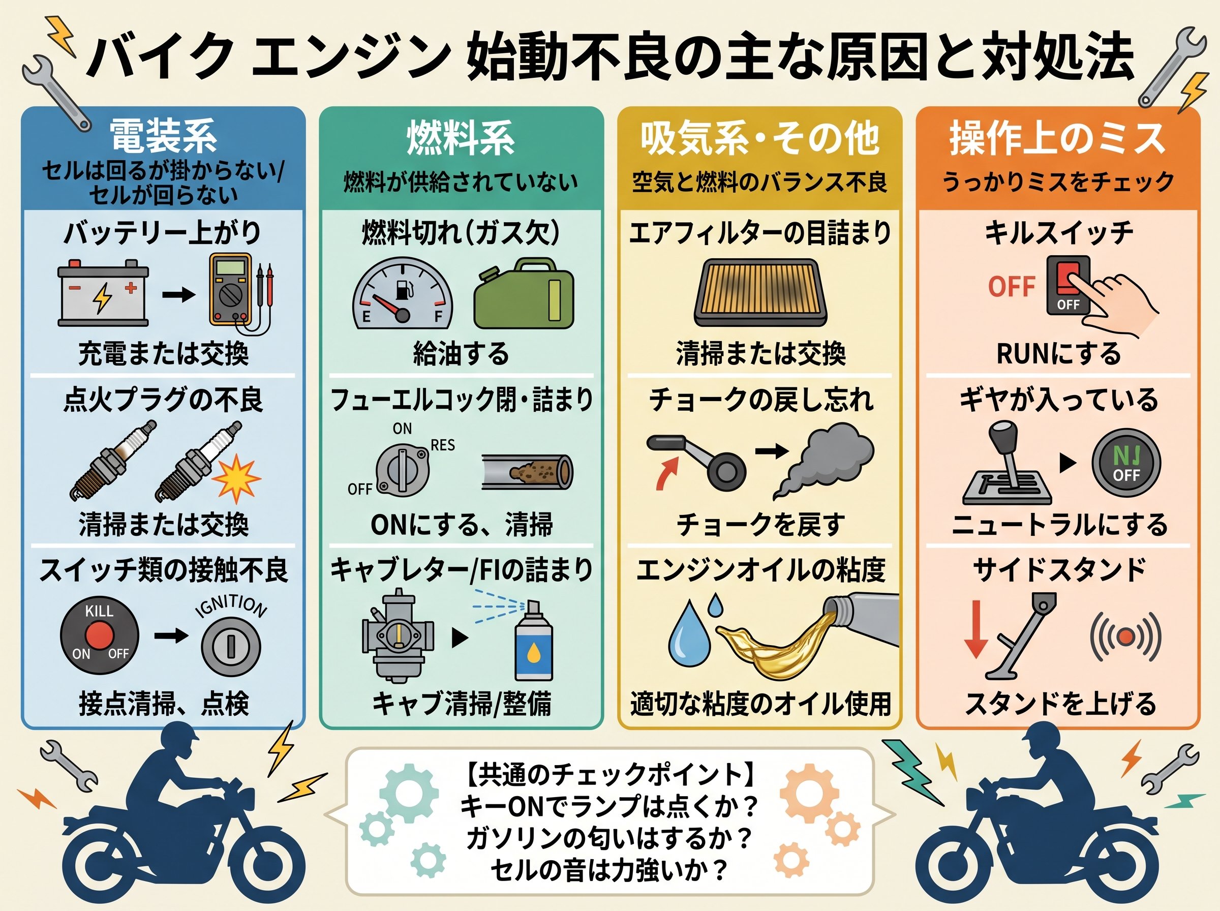 バイク エンジン 始動不良の主な原因と対処法