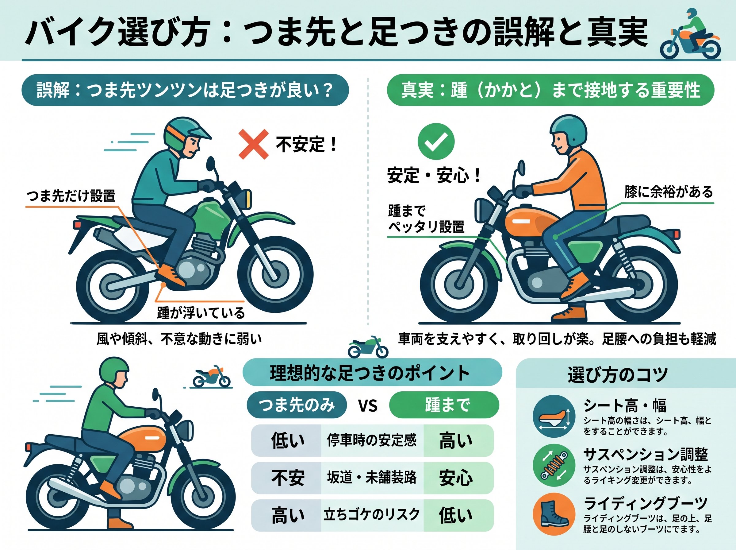 バイク選び方 つま先と足つきの誤解
