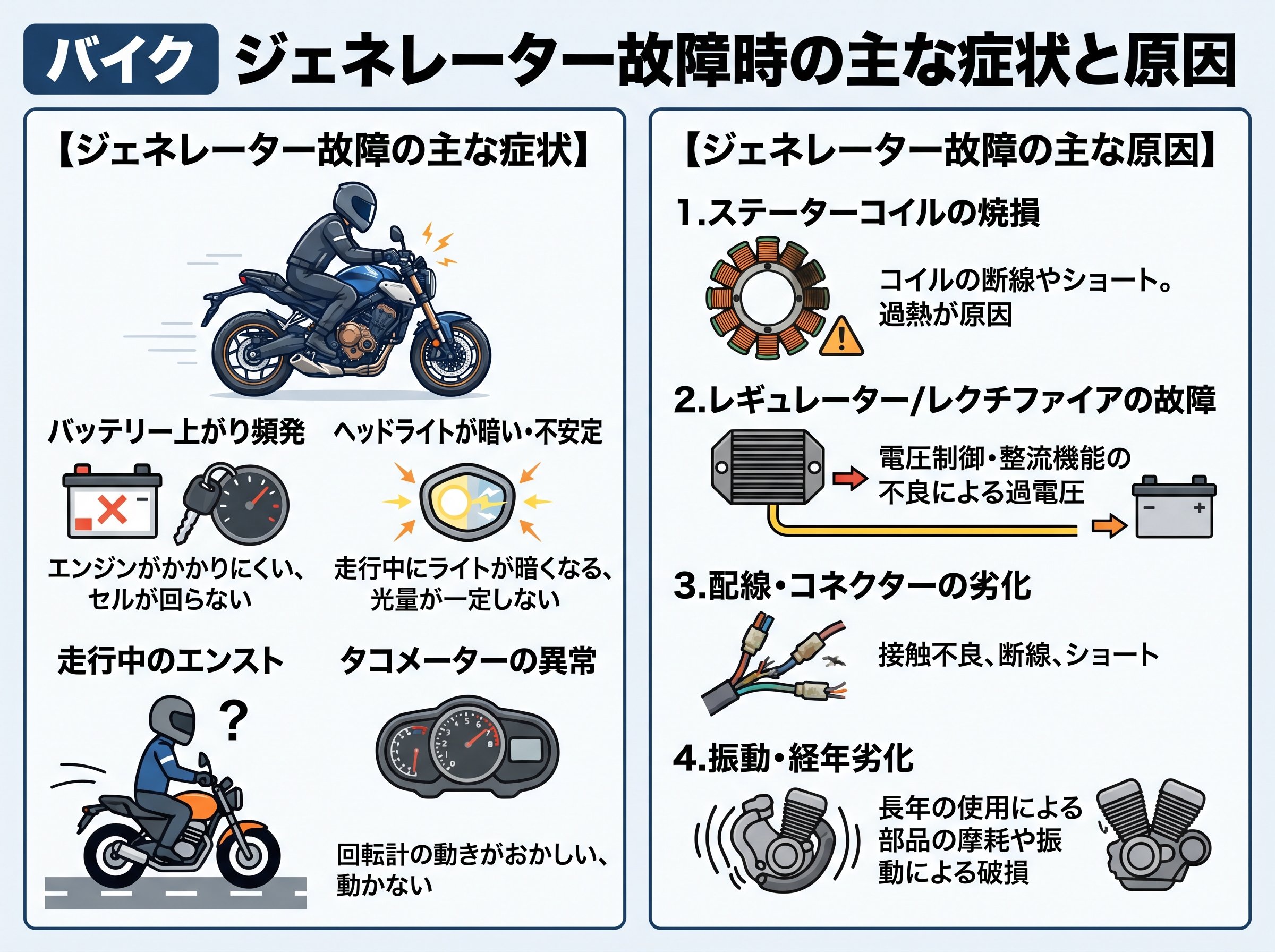 バイク ジェネレーター故障時の主な症状と原因