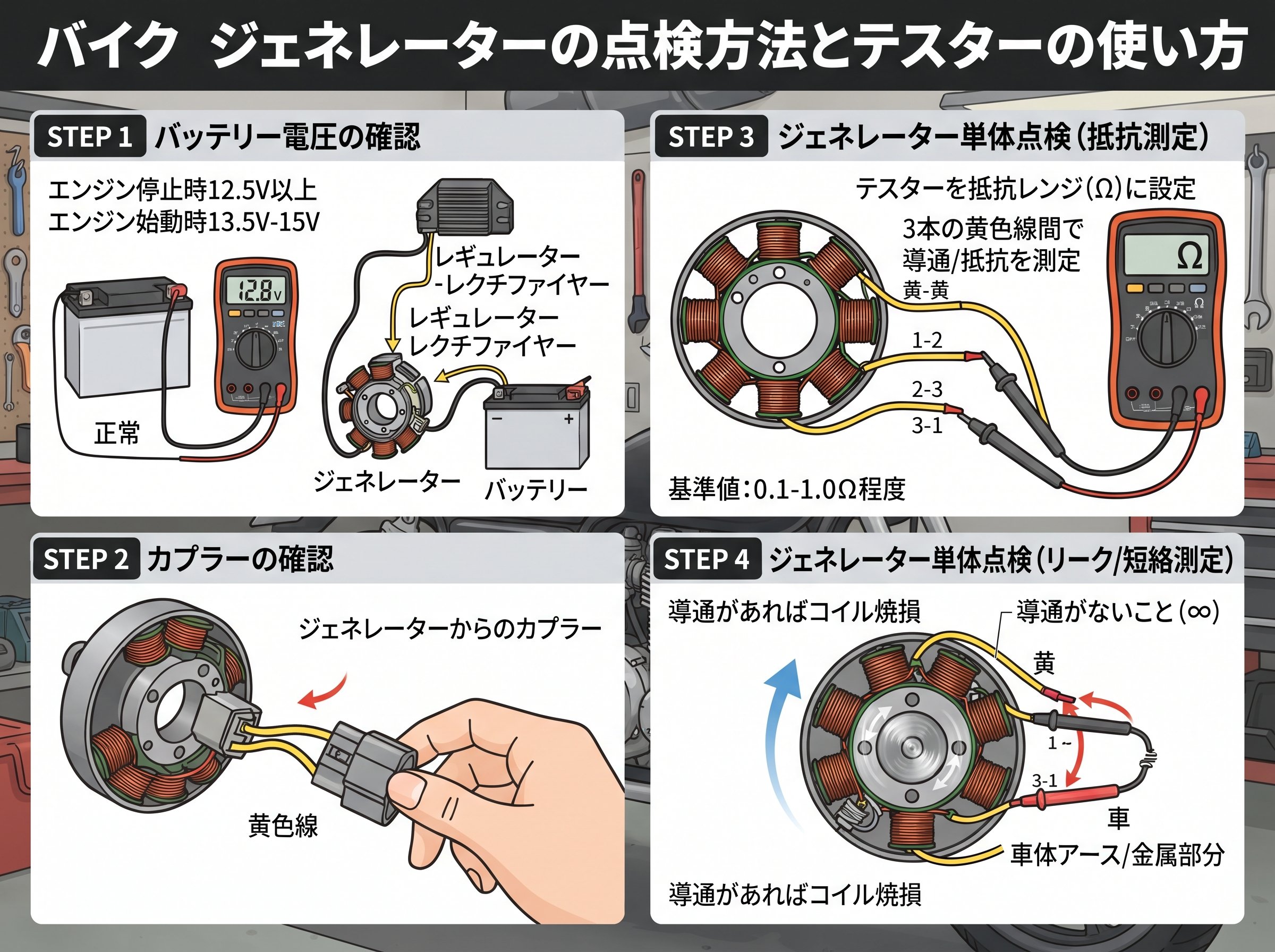 バイク ジェネレーターの点検方法とテスターの使い方