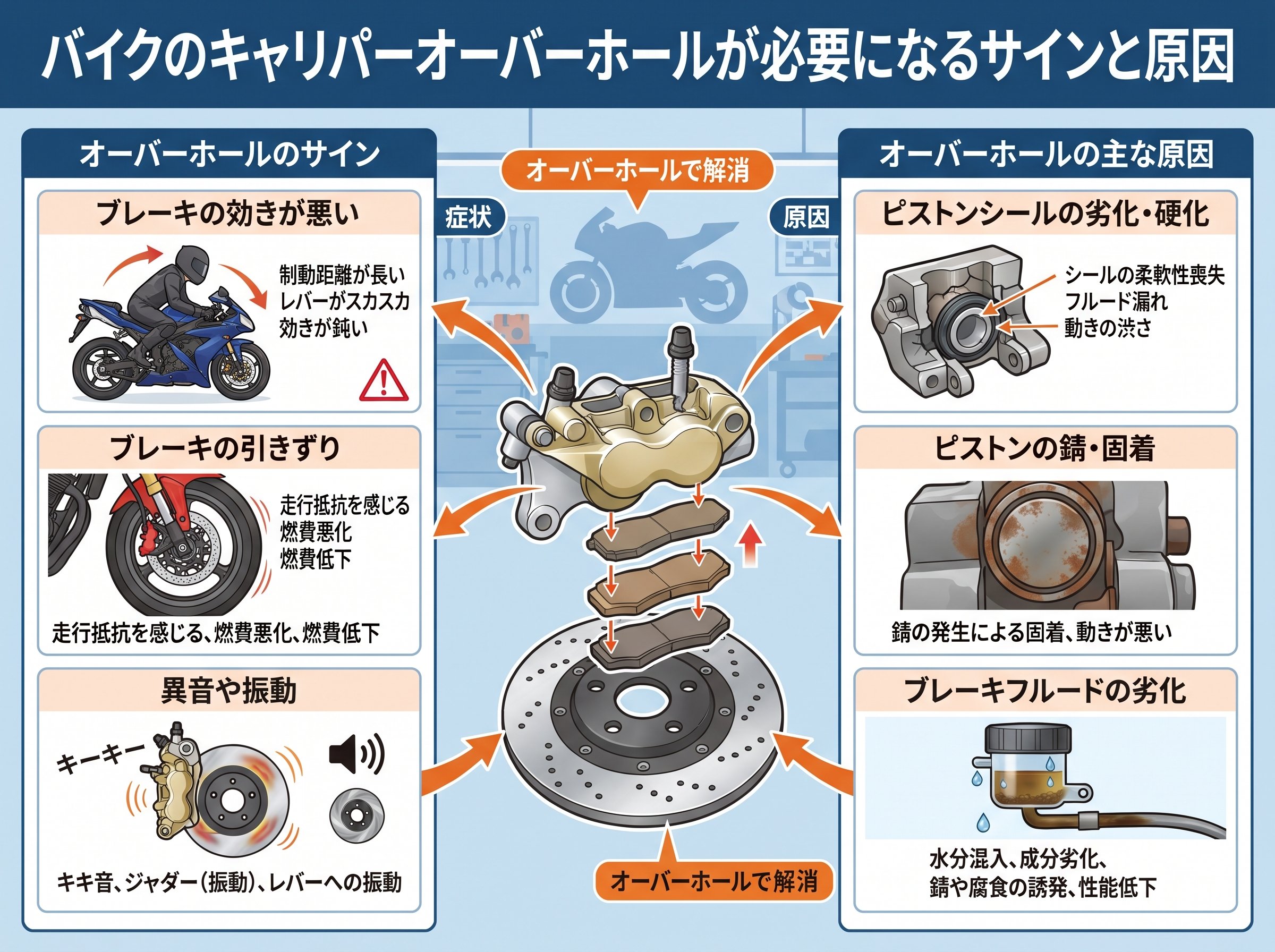 バイクのキャリパーオーバーホールが必要になるサインと原因