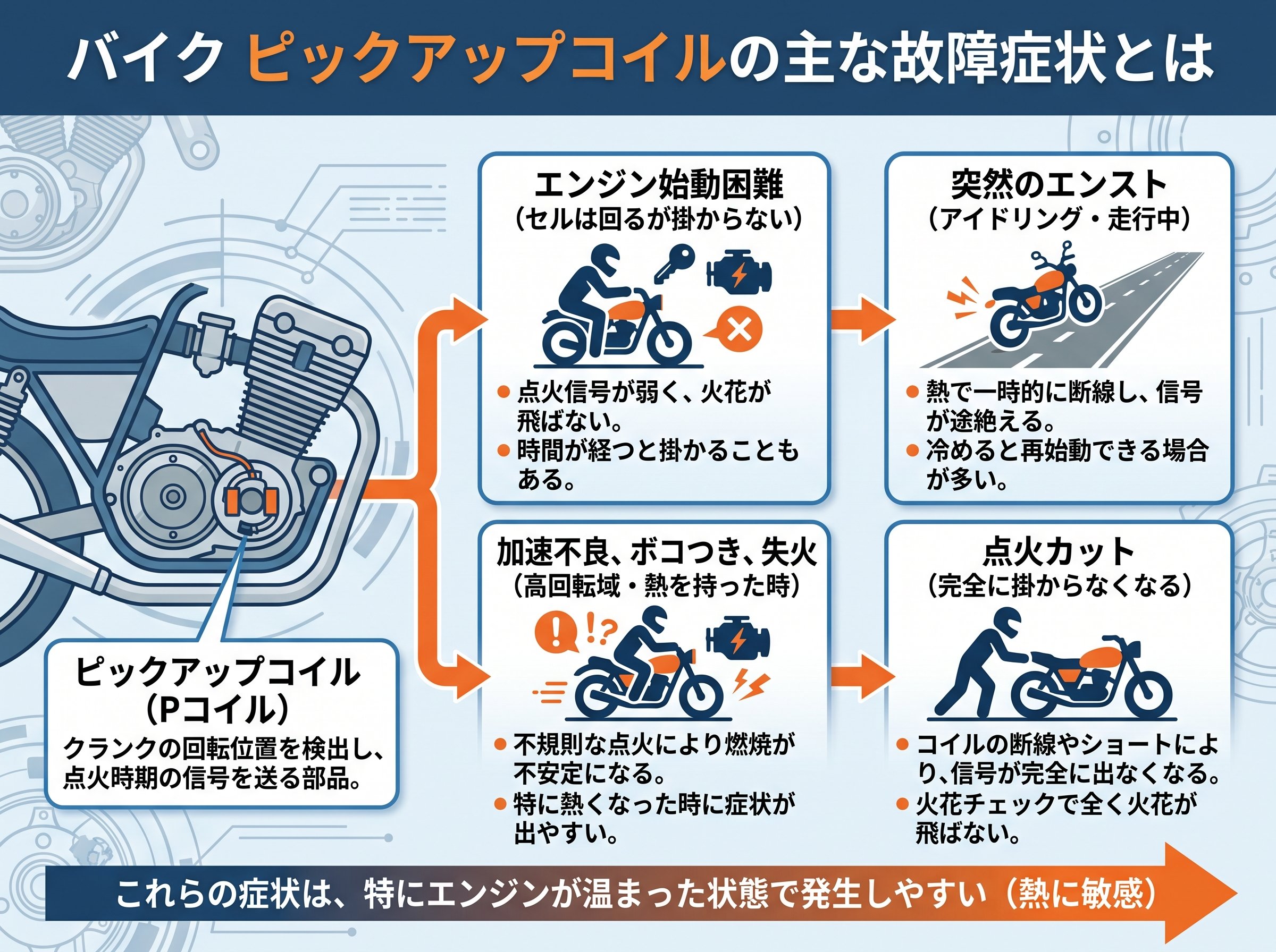 バイク ピックアップコイルの主な故障症状とは