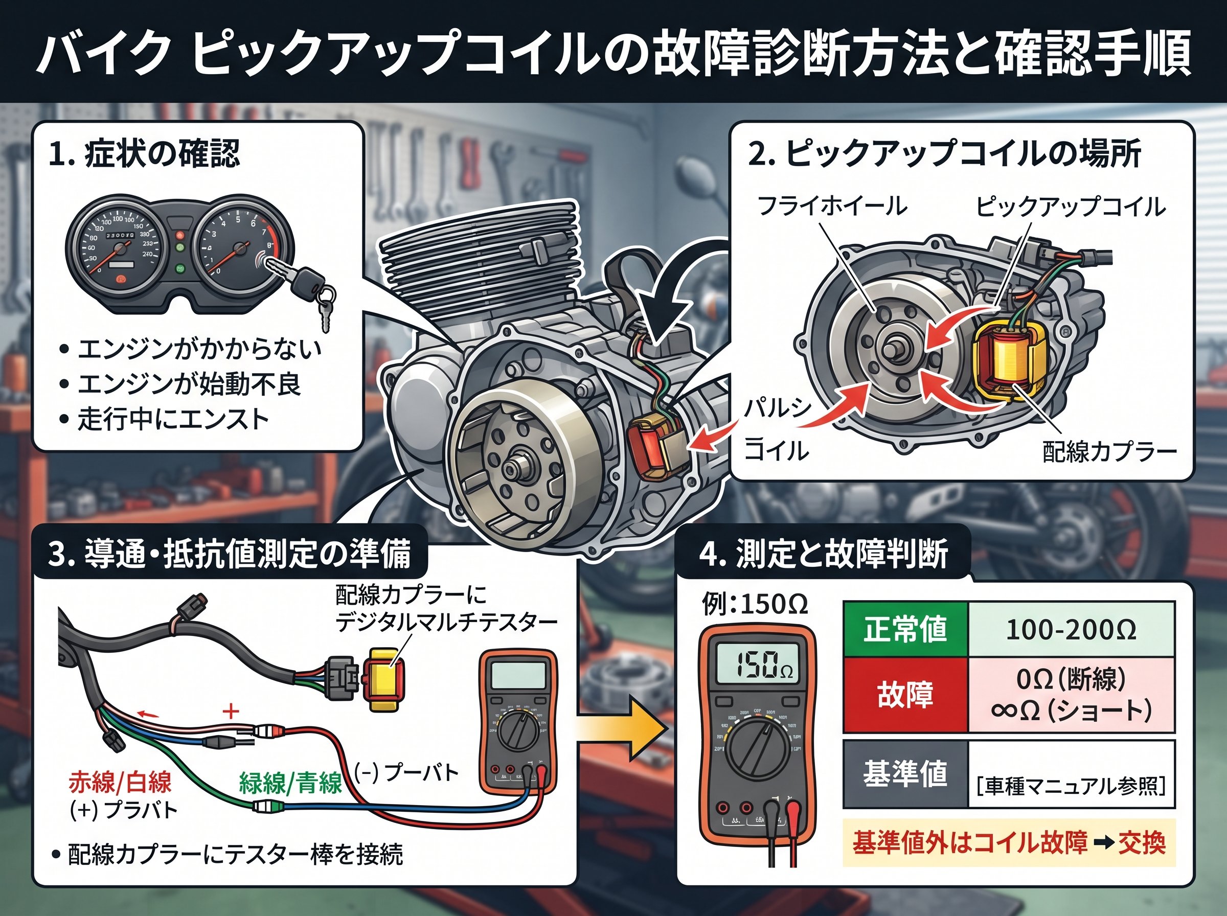 バイク ピックアップコイルの故障診断方法と確認手順