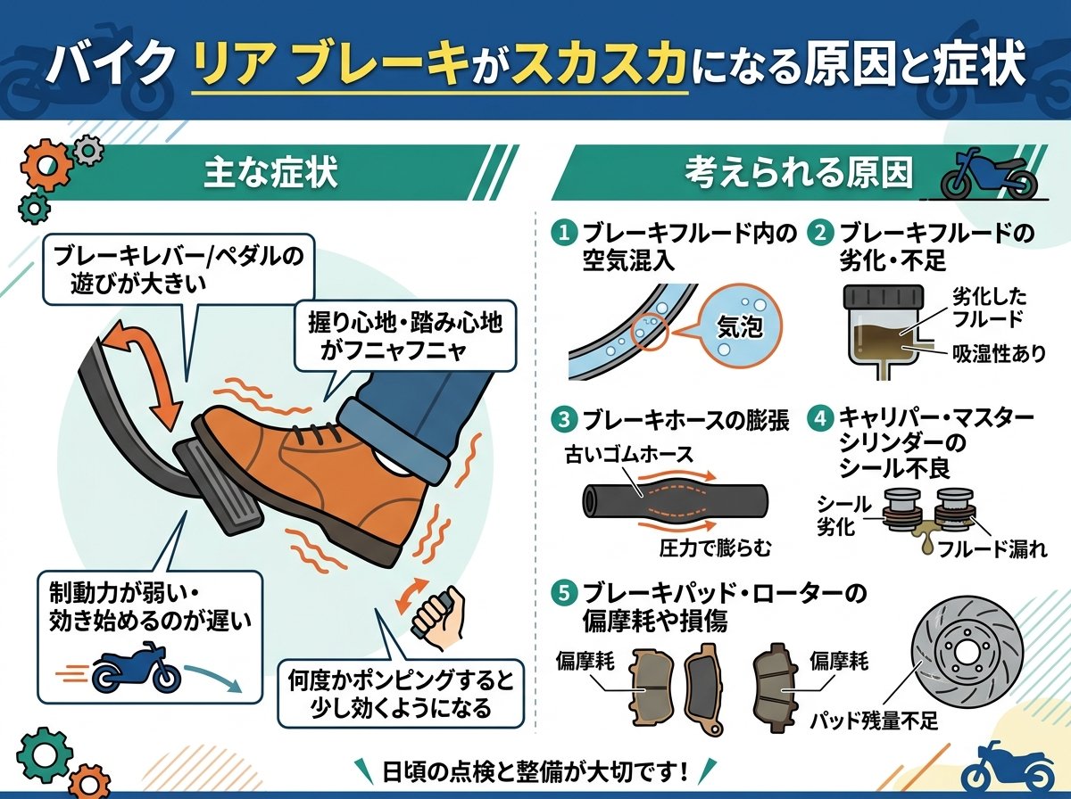 バイク リア ブレーキがスカスカになる原因と症状