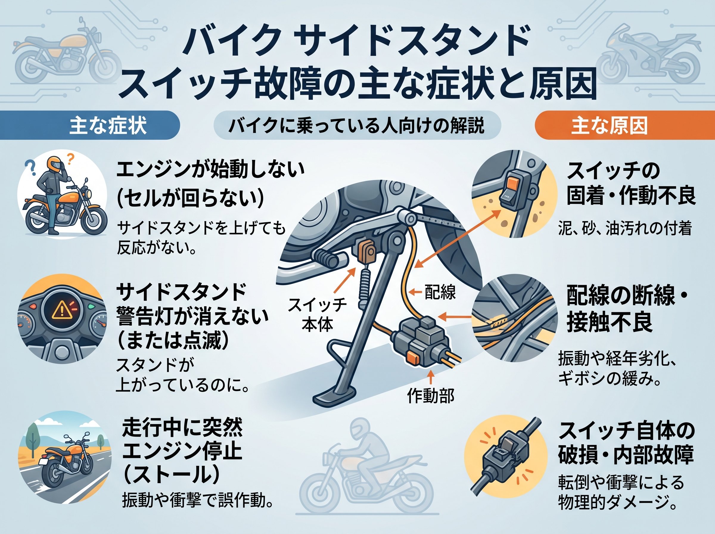 バイク サイドスタンド スイッチ故障の主な症状と原因