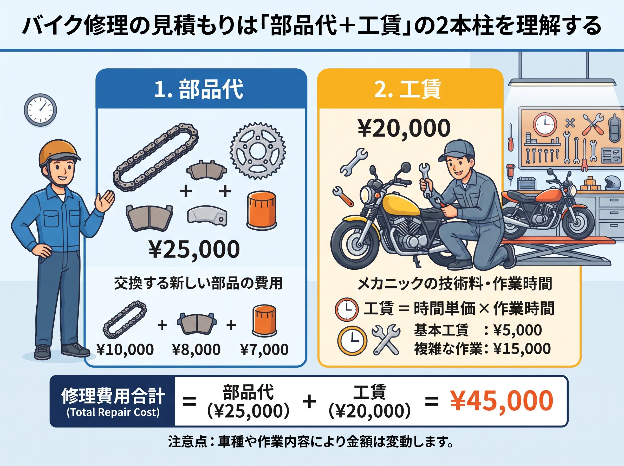 バイク修理の見積もりは「部品代+工賃」の2本柱を理解する