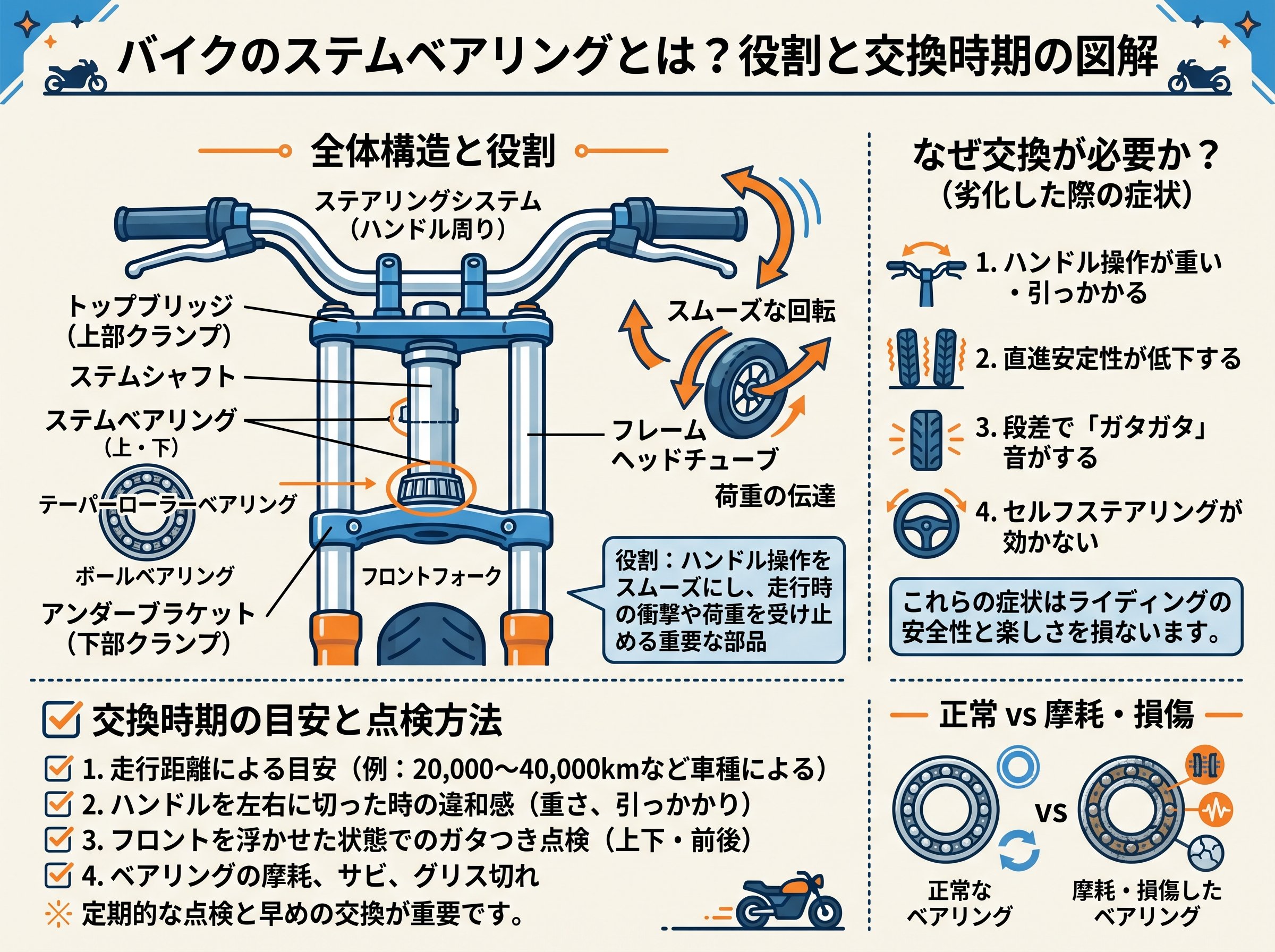 バイクのステムベアリングとは何か・交換が必要な役割