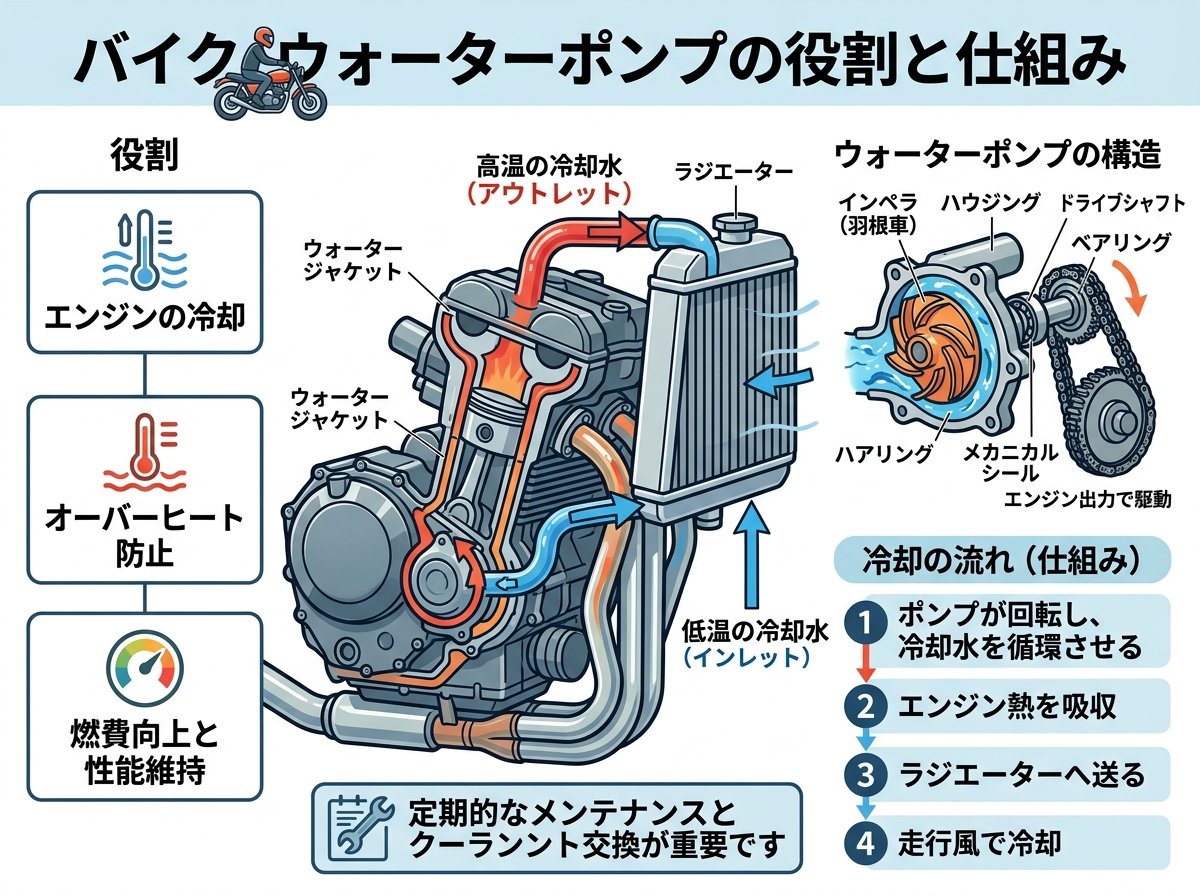 バイク ウォーターポンプの仕組みと役割
