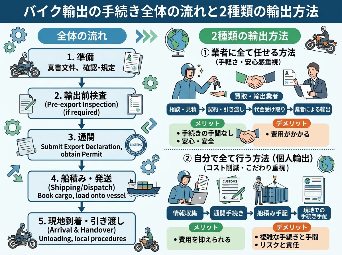 バイク輸出の手続き全体の流れと2種類の輸出方法