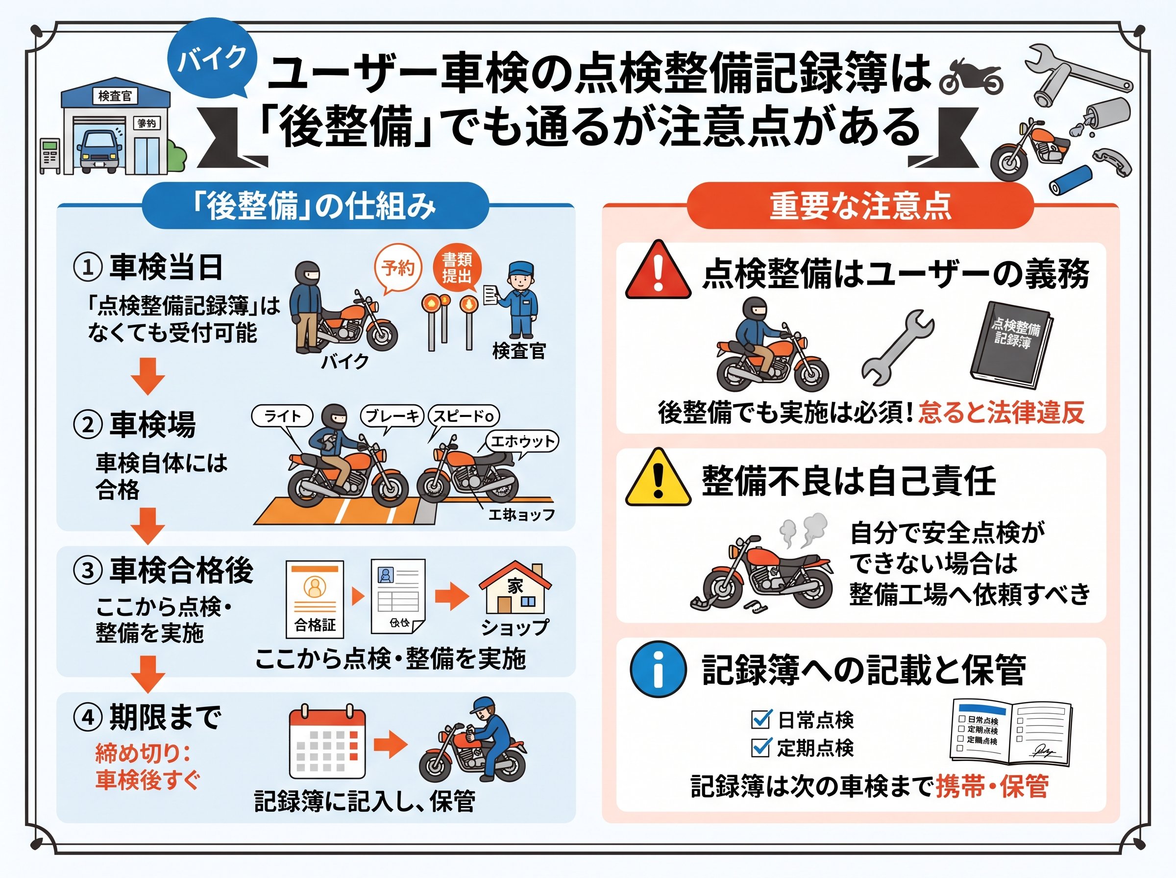バイク ユーザー車検の点検整備記録簿は「後整備」でも通るが注意点がある