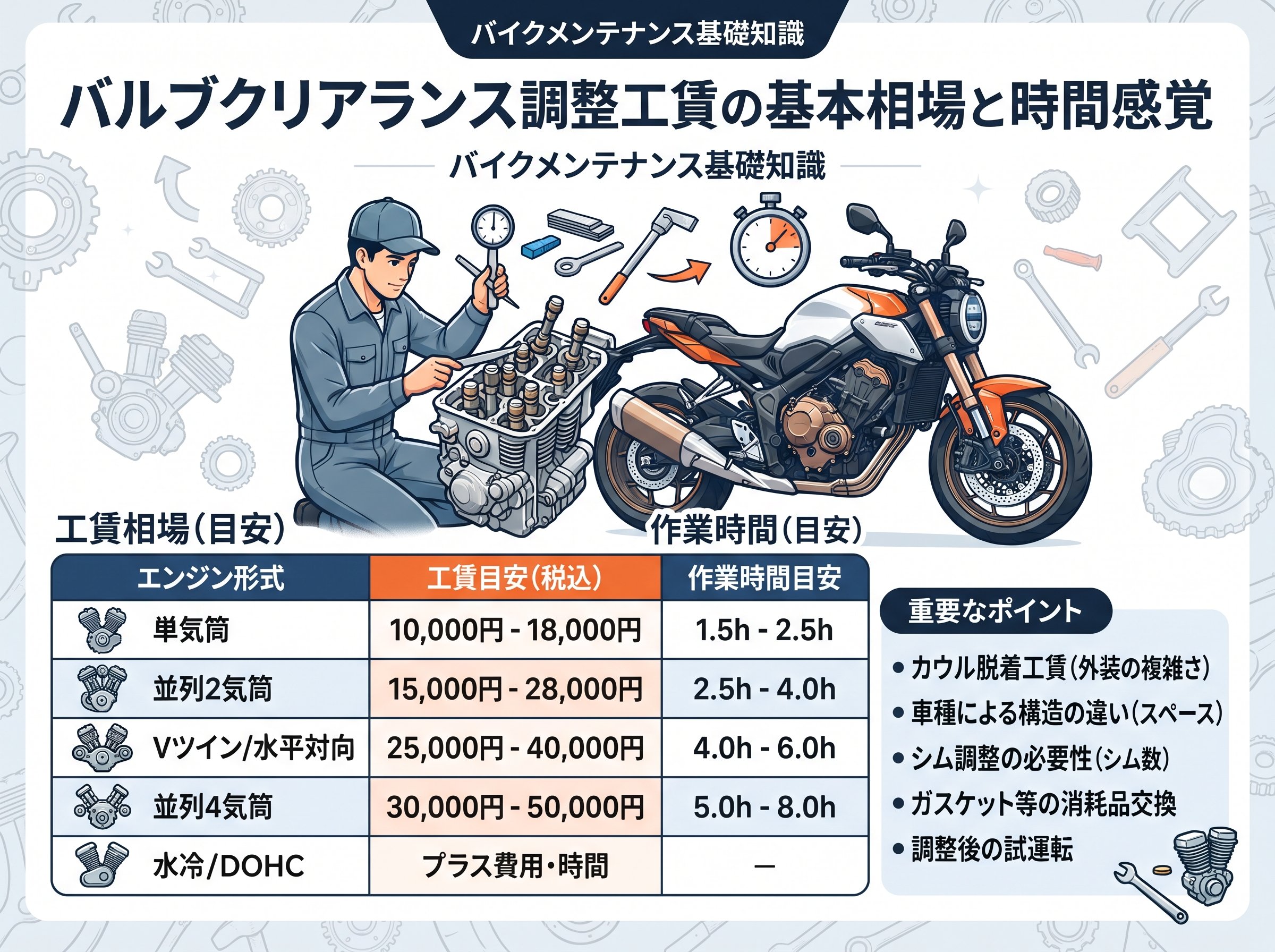 バルブクリアランス 調整 工賃の基本相場と時間感覚
