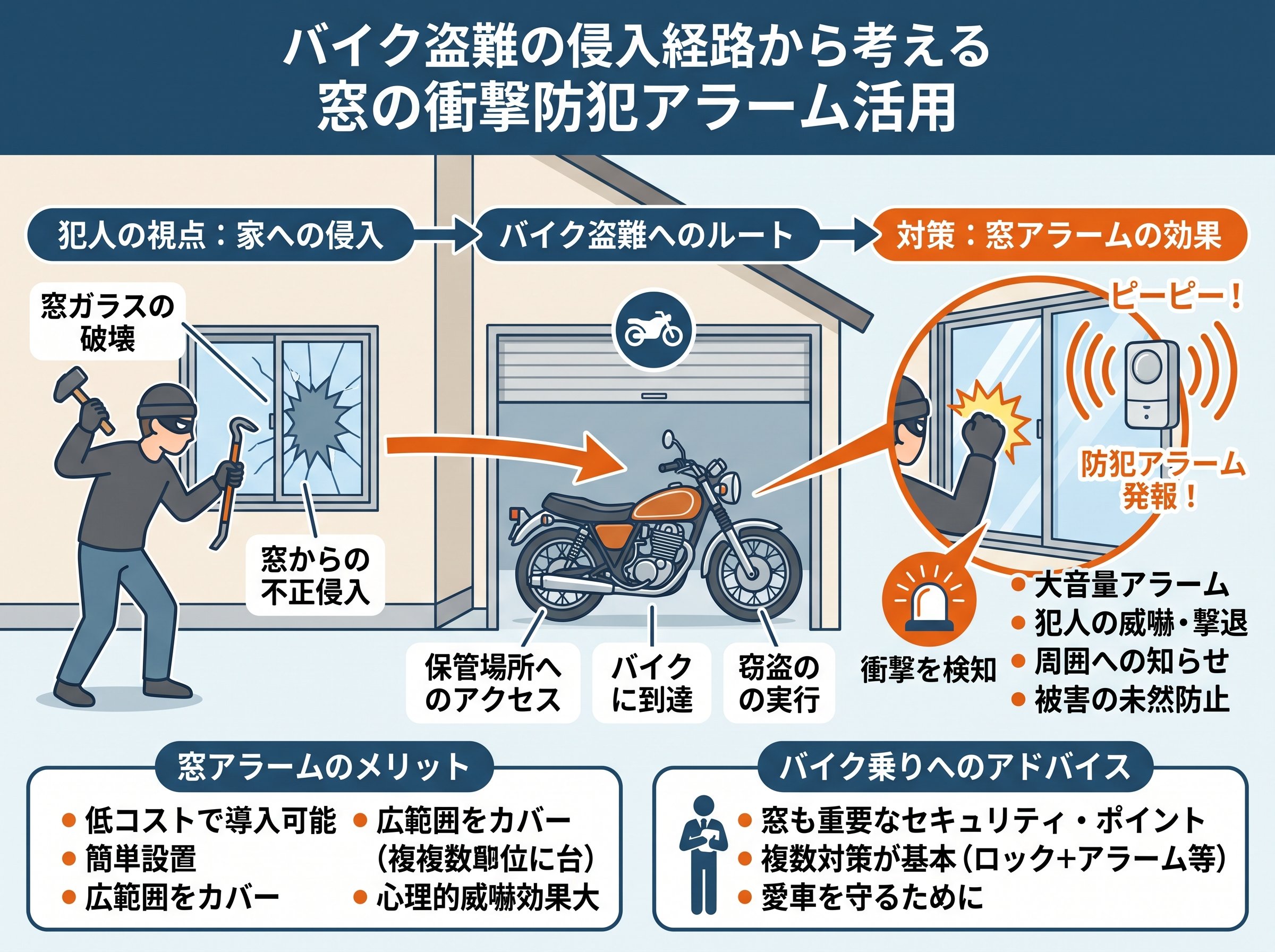 防犯アラーム 窓 衝撃をバイク盗難の「侵入経路」から考える