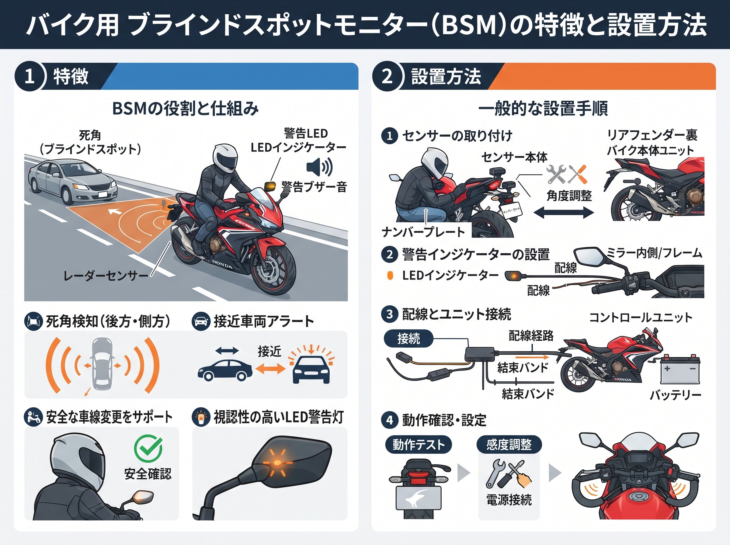 ブラインドスポットモニターバイク用の特徴と設置方法