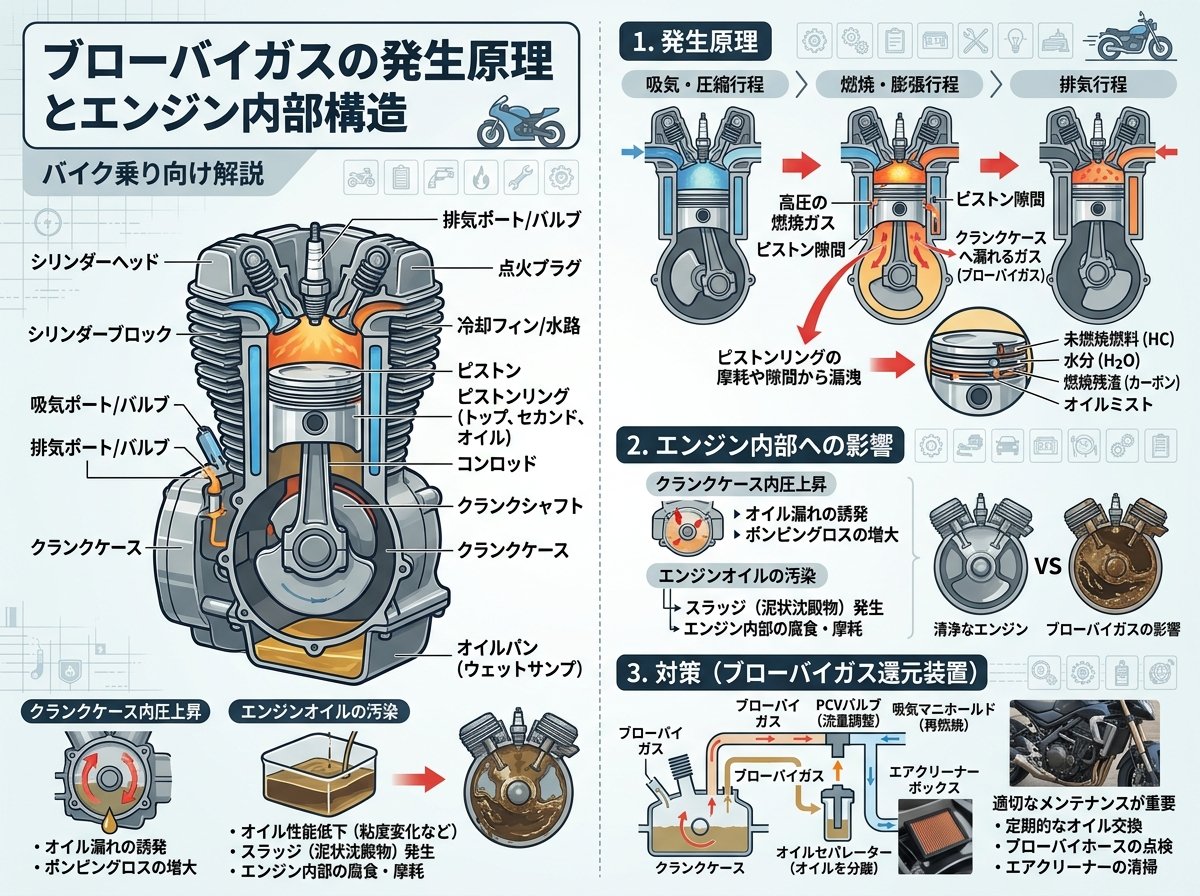 ブローバイガスの発生原理とエンジン内部構造