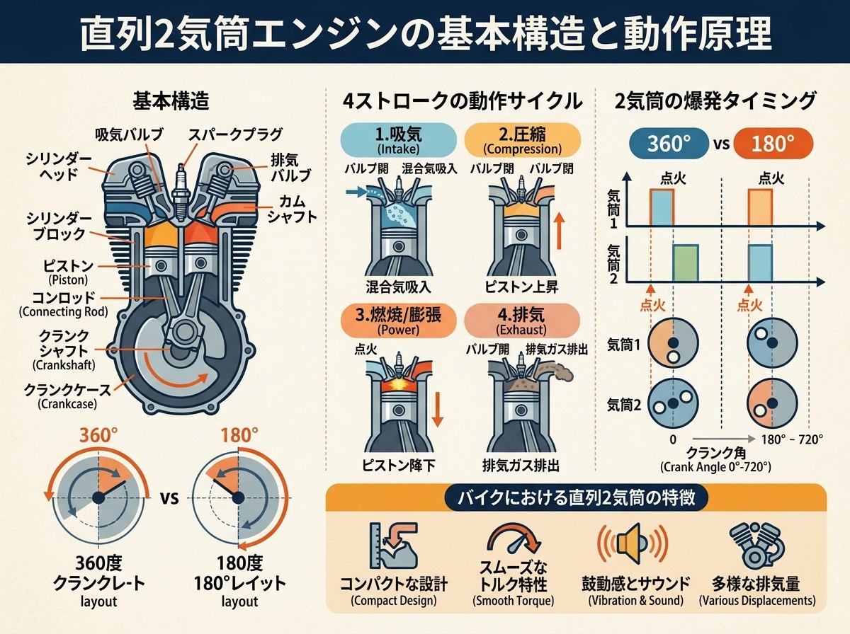 直列2気筒エンジンの基本構造と動作原理