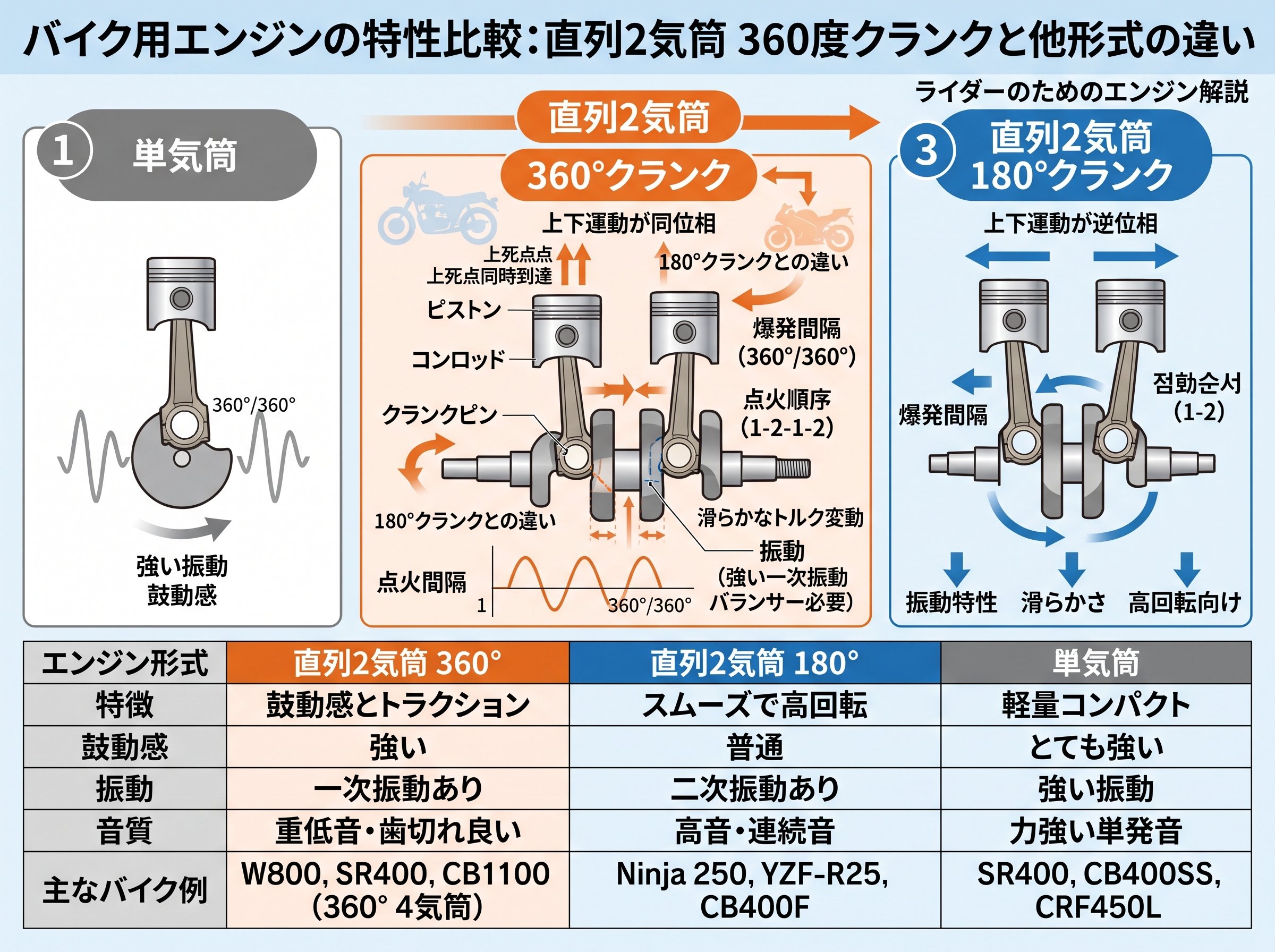 直列2気筒バイクの360度クランクと他のエンジン形式との比較