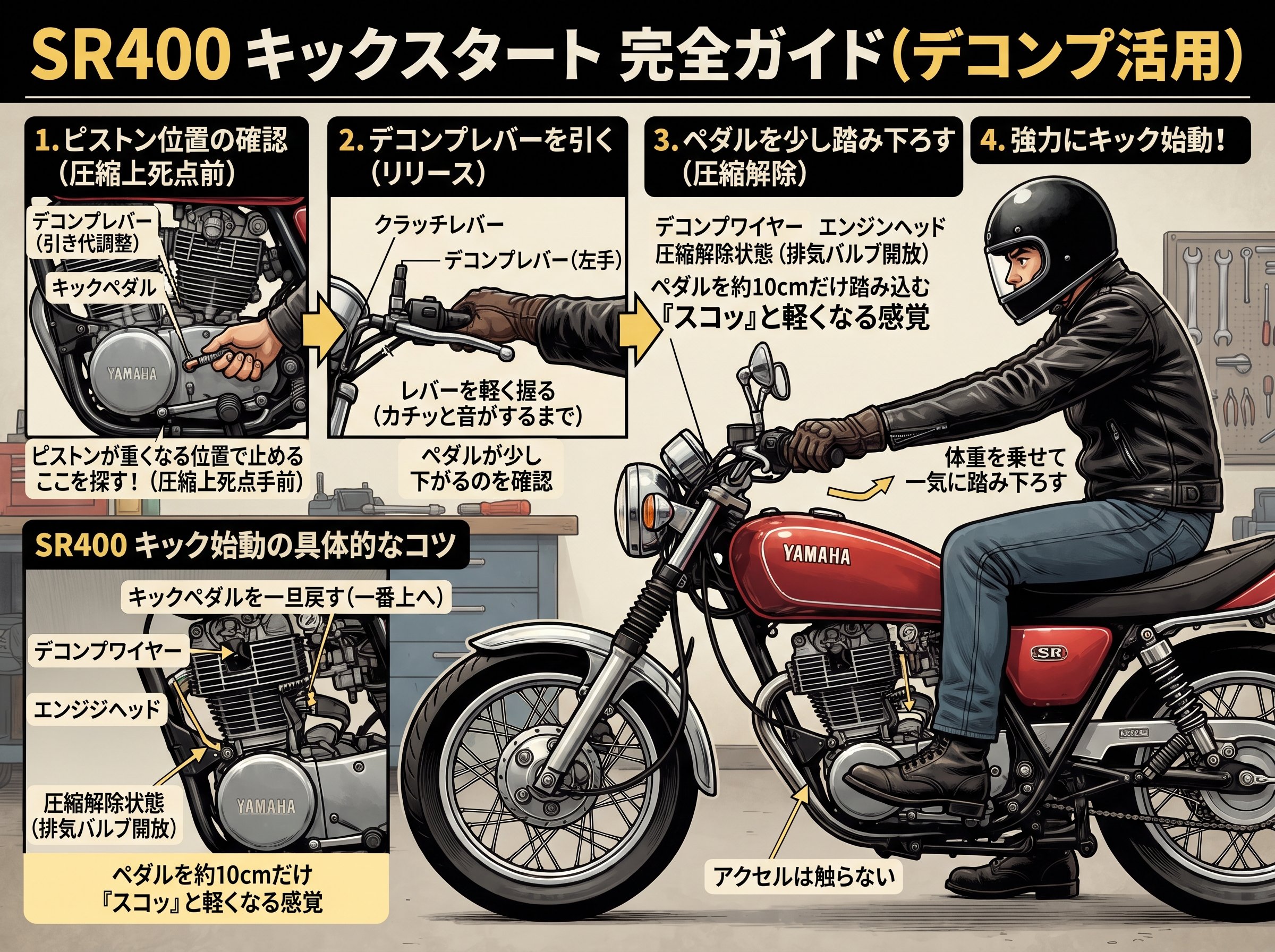 デコンプレバー sr400 キック始動の具体的なコツ