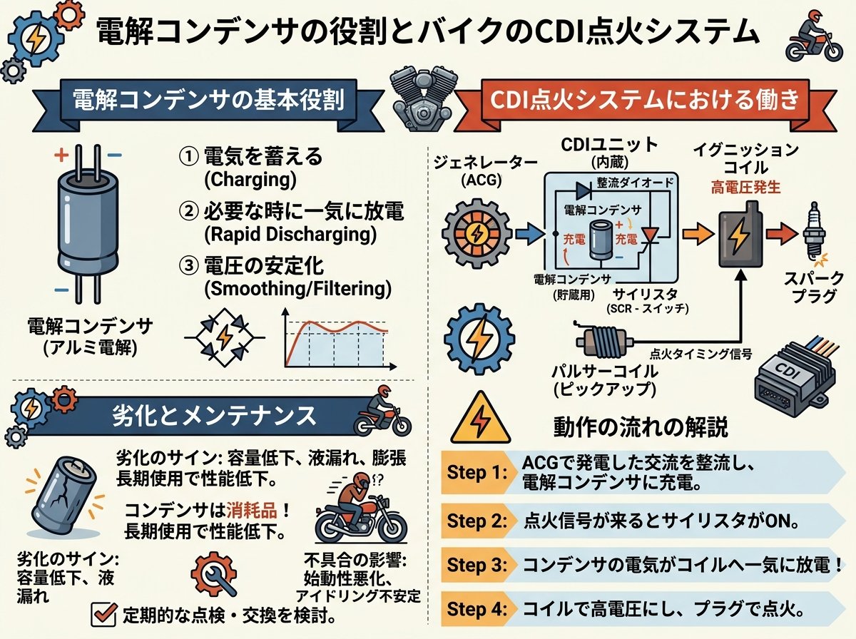 電解コンデンサの役割とバイクのCDI点火システム