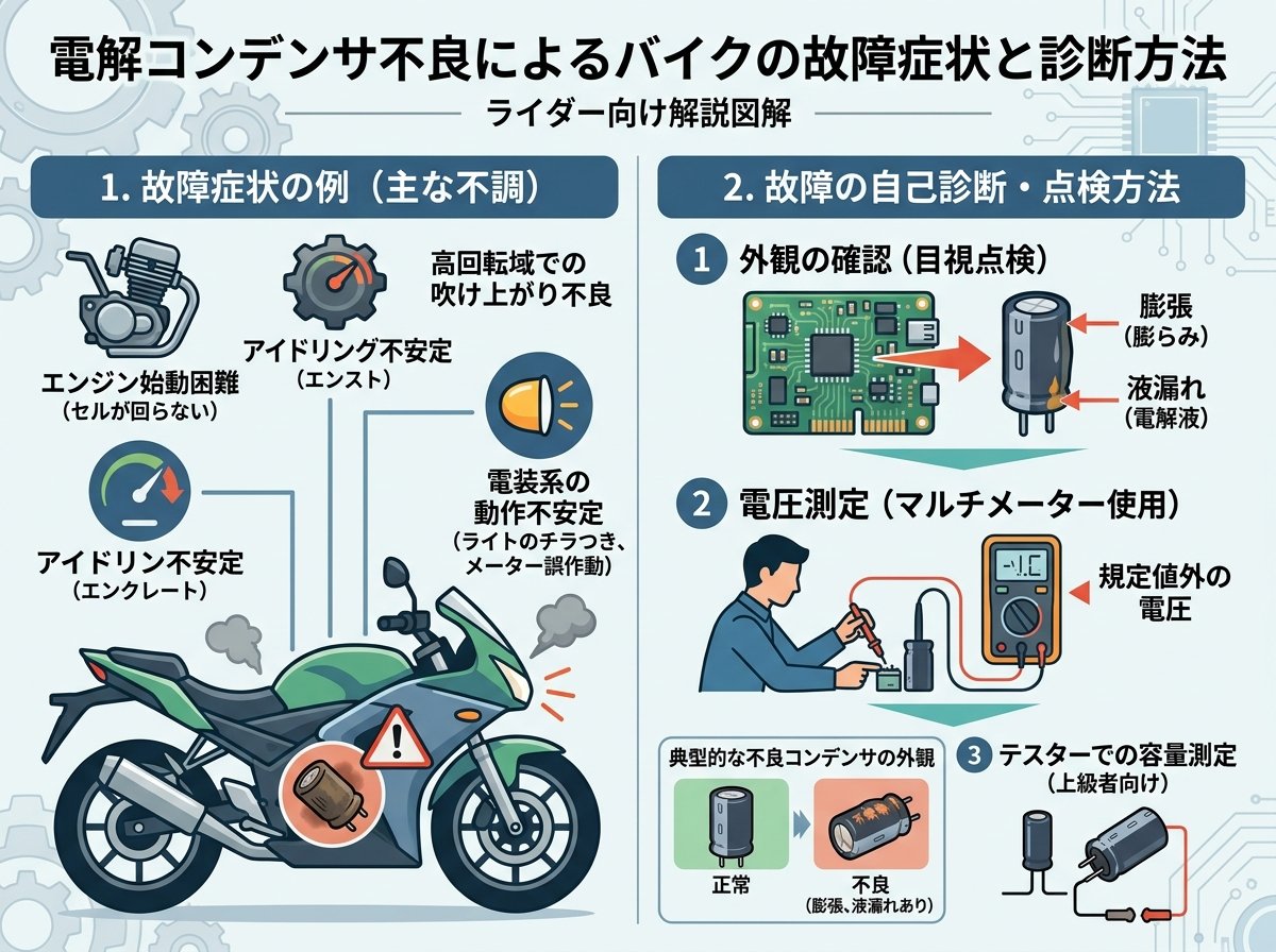 電解コンデンサ不良によるバイクの故障症状と診断方法