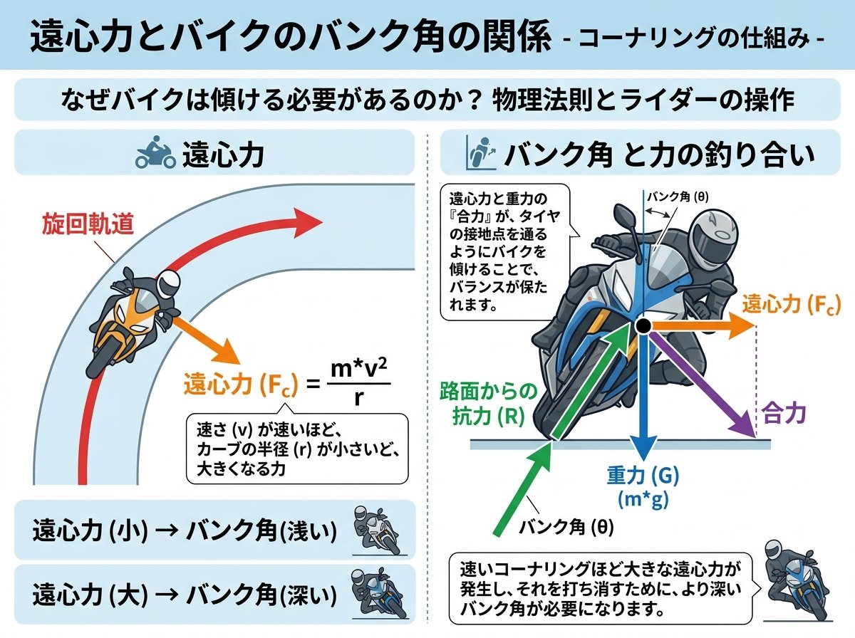 遠心力とバイクのバンク角の関係