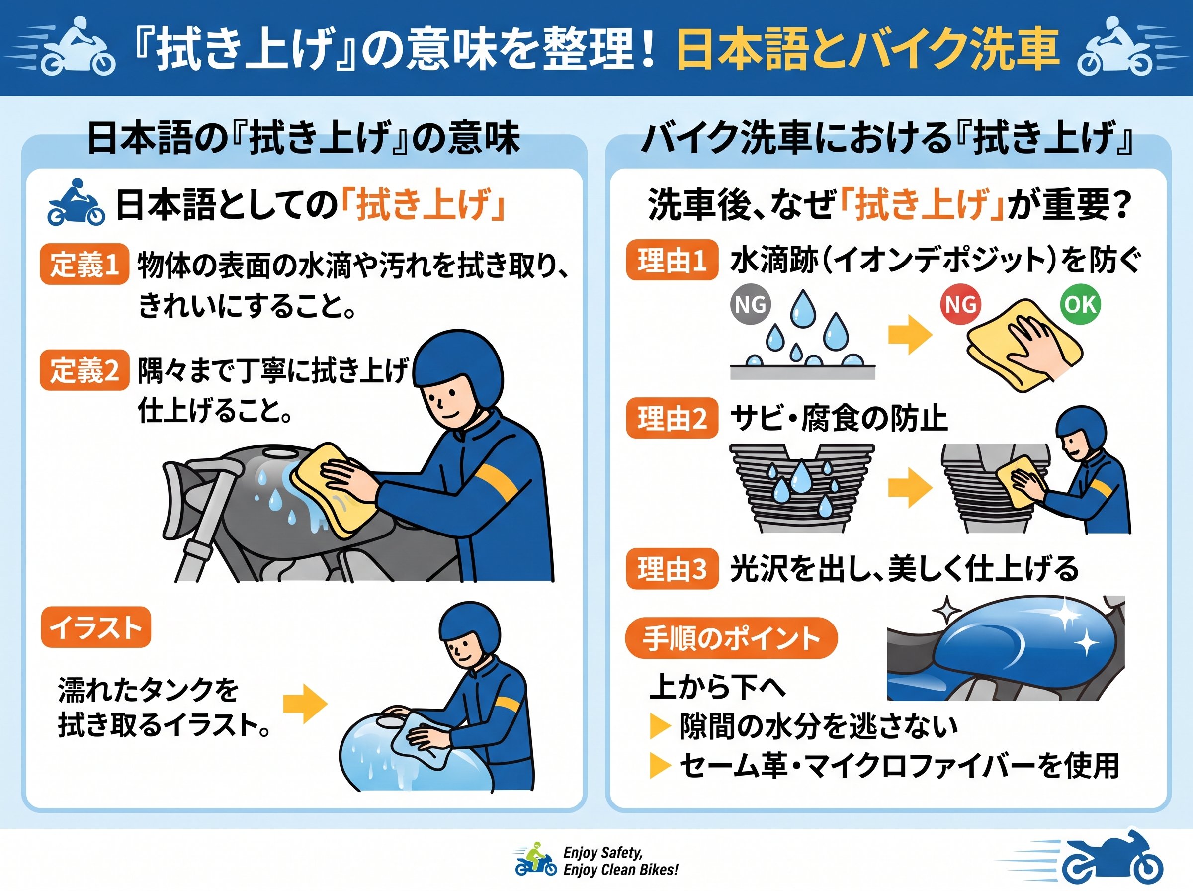 拭き上げ 意味を日本語とバイク洗車で整理