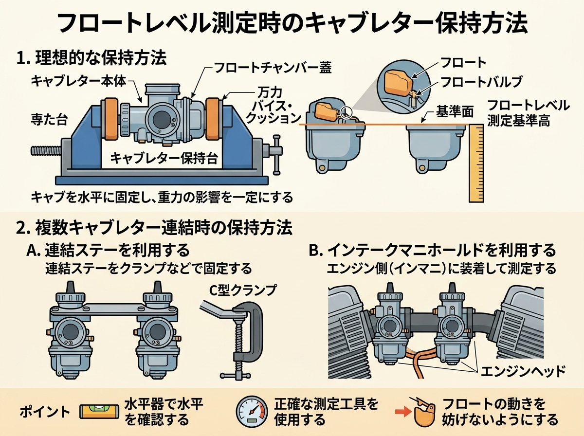 フロートレベル測定時のキャブレター保持方法