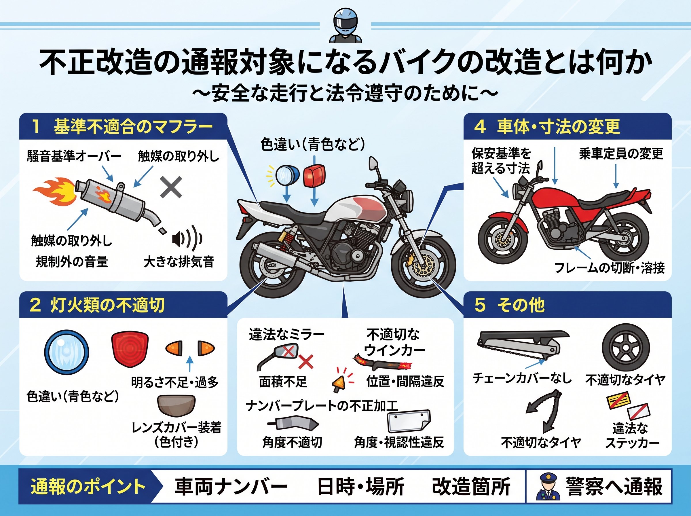 不正改造の通報対象になるバイクの改造とは何か