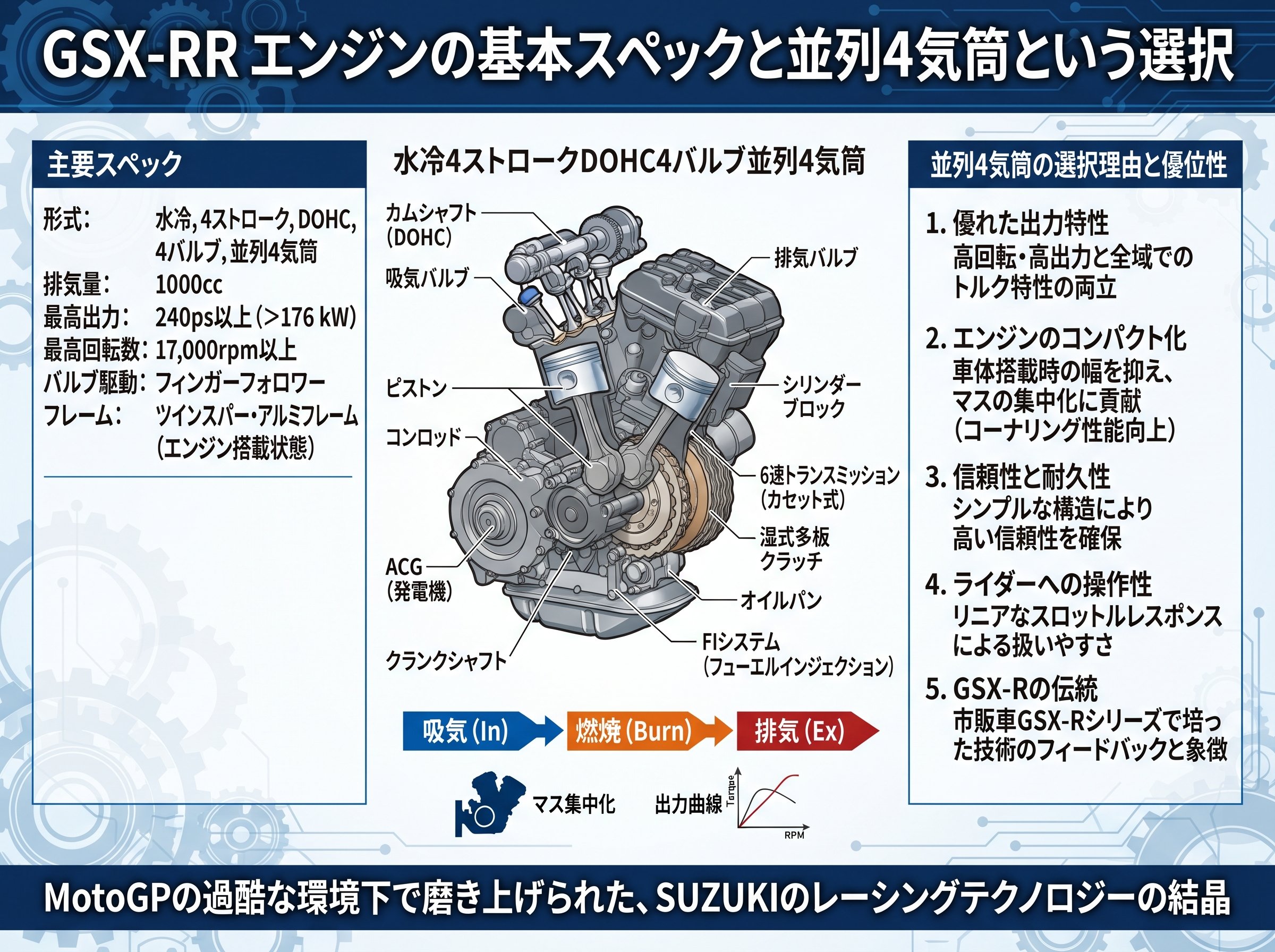 GSX-RRエンジンの基本スペックと並列4気筒という選択