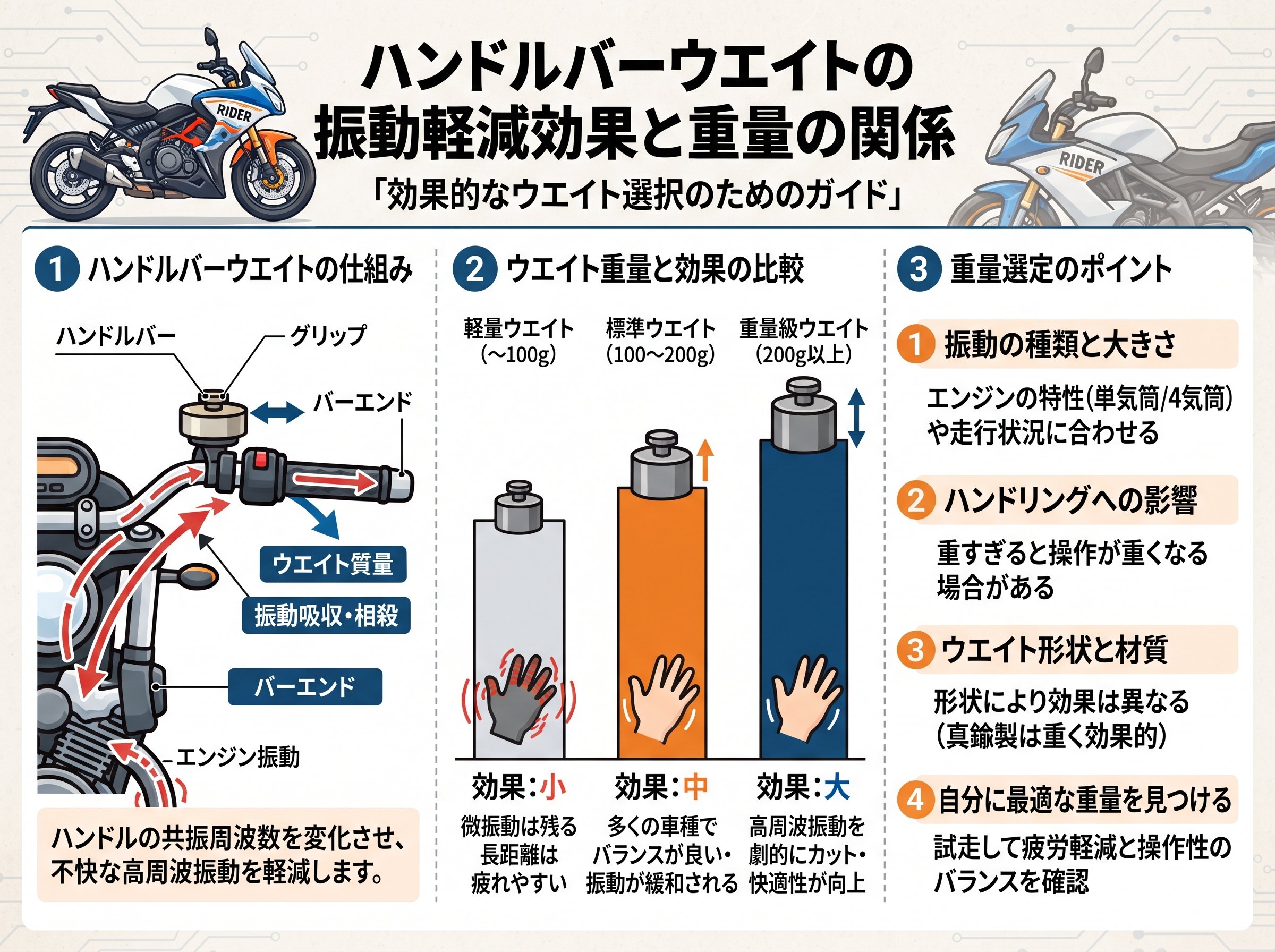 ハンドルバーウエイトの振動軽減効果と重量の関係