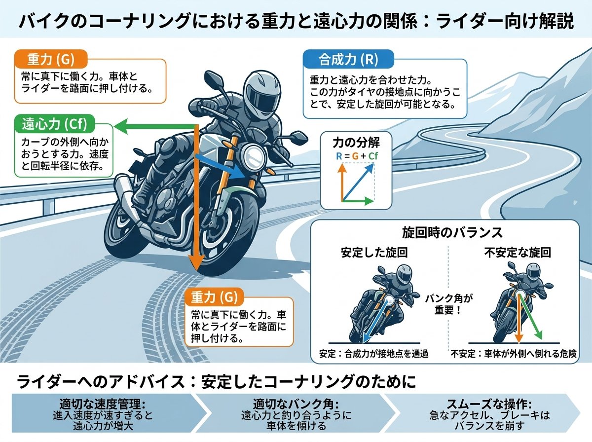 重力とバイクのコーナリング時における遠心力の関係
