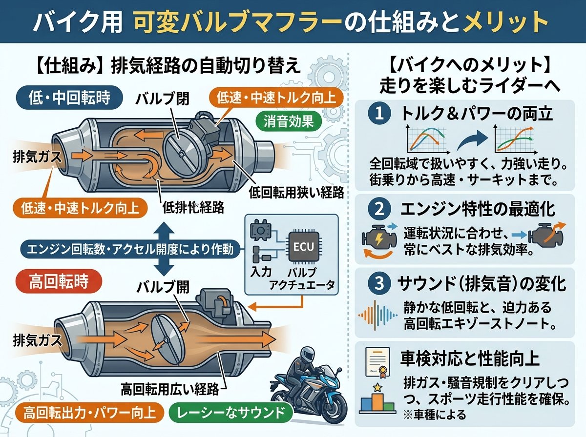可変バルブマフラーの仕組みとバイクへのメリット