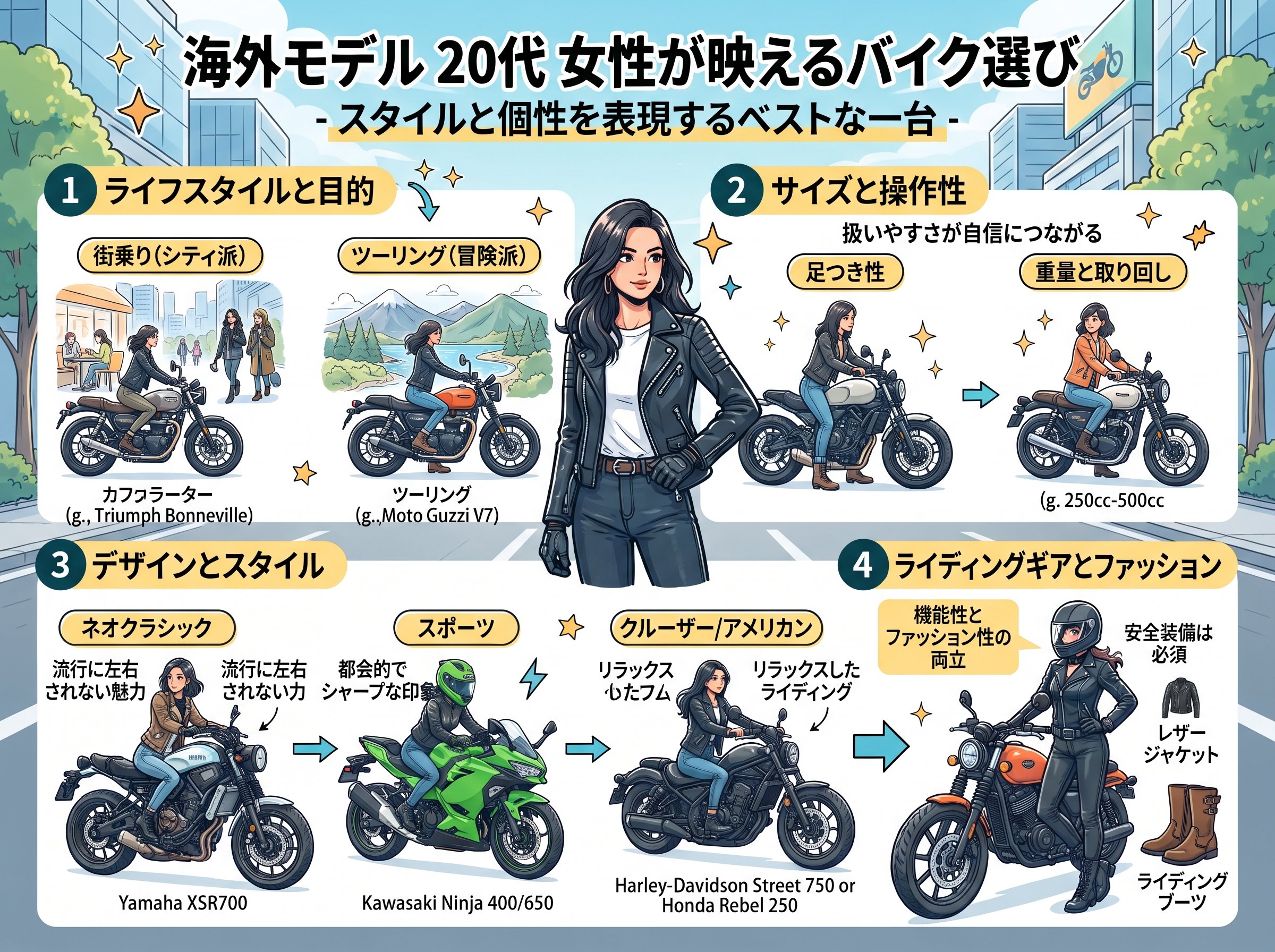 海外モデル 20代 女性が映えるバイク選び