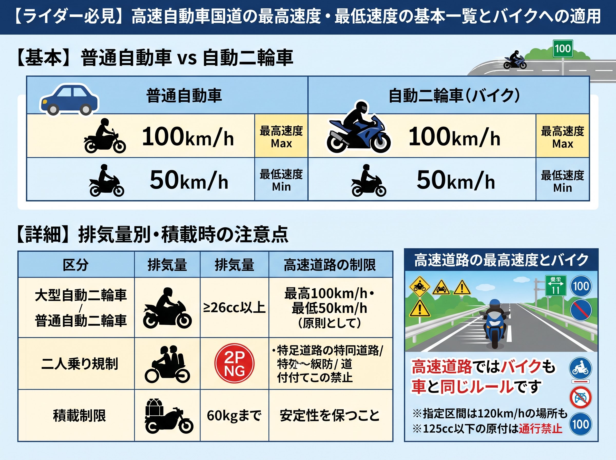高速自動車国道の最高速度・最低速度の基本一覧とバイクへの適用