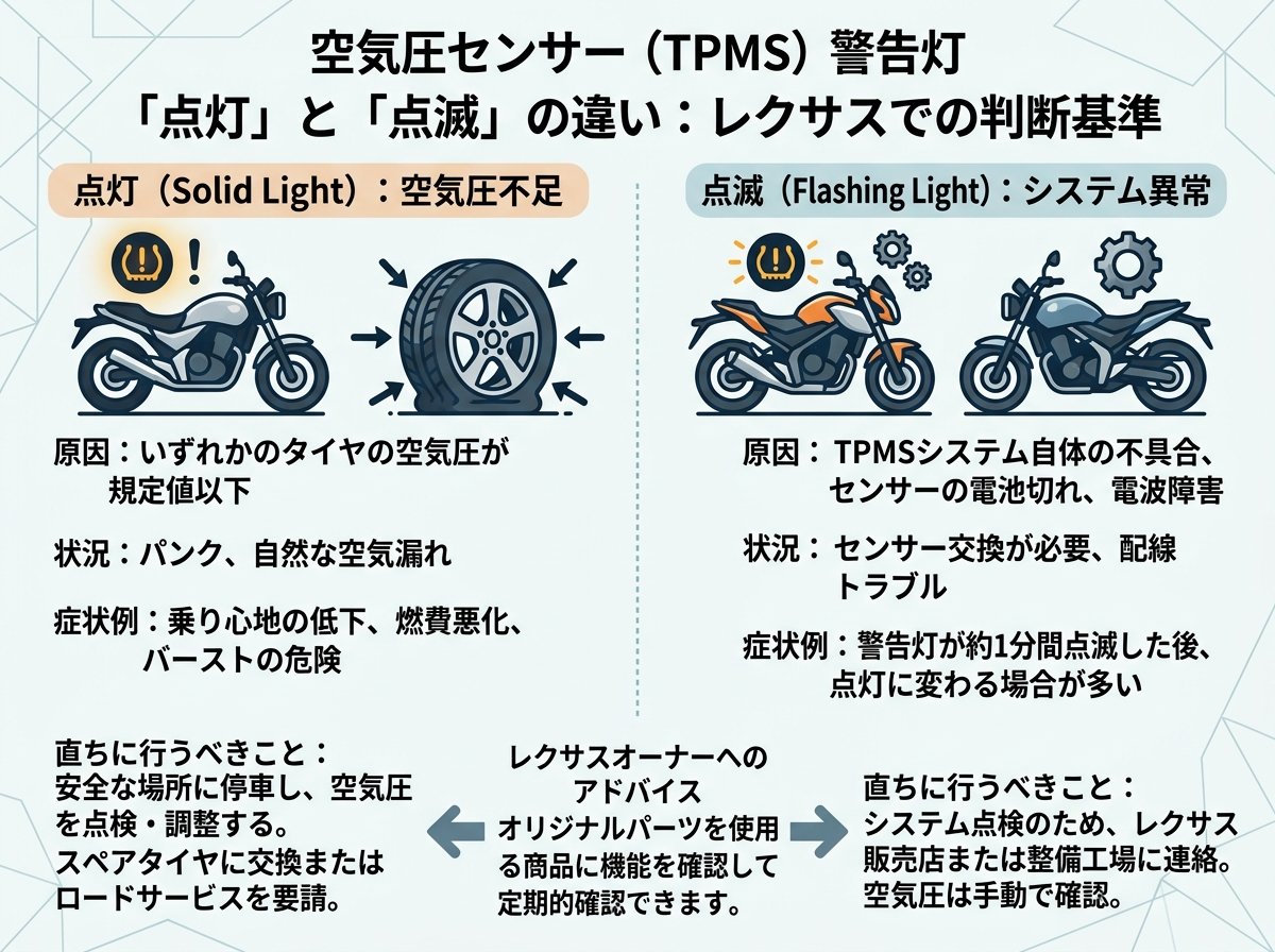 空気圧センサーの警告灯「点灯」と「点滅」の違いをレクサスで正しく判断する