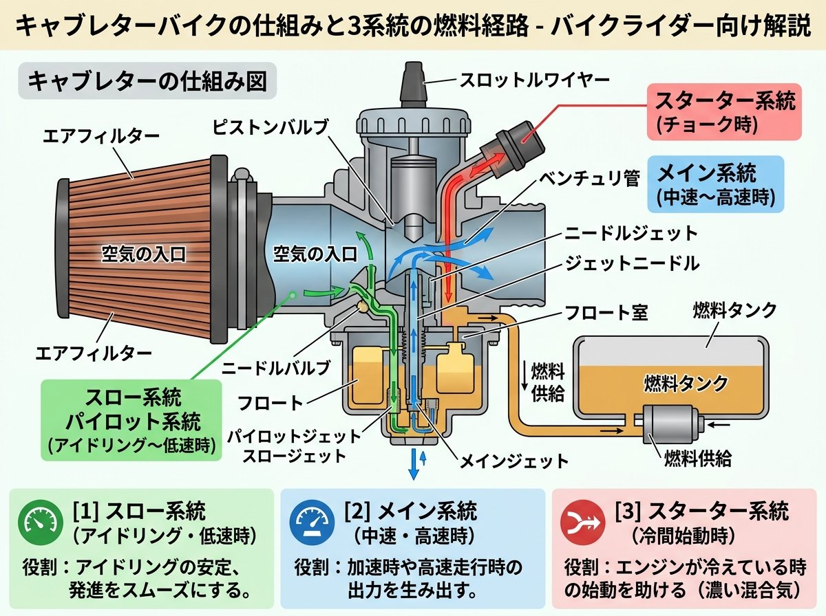 キャブレターバイクの仕組みと3系統の燃料経路