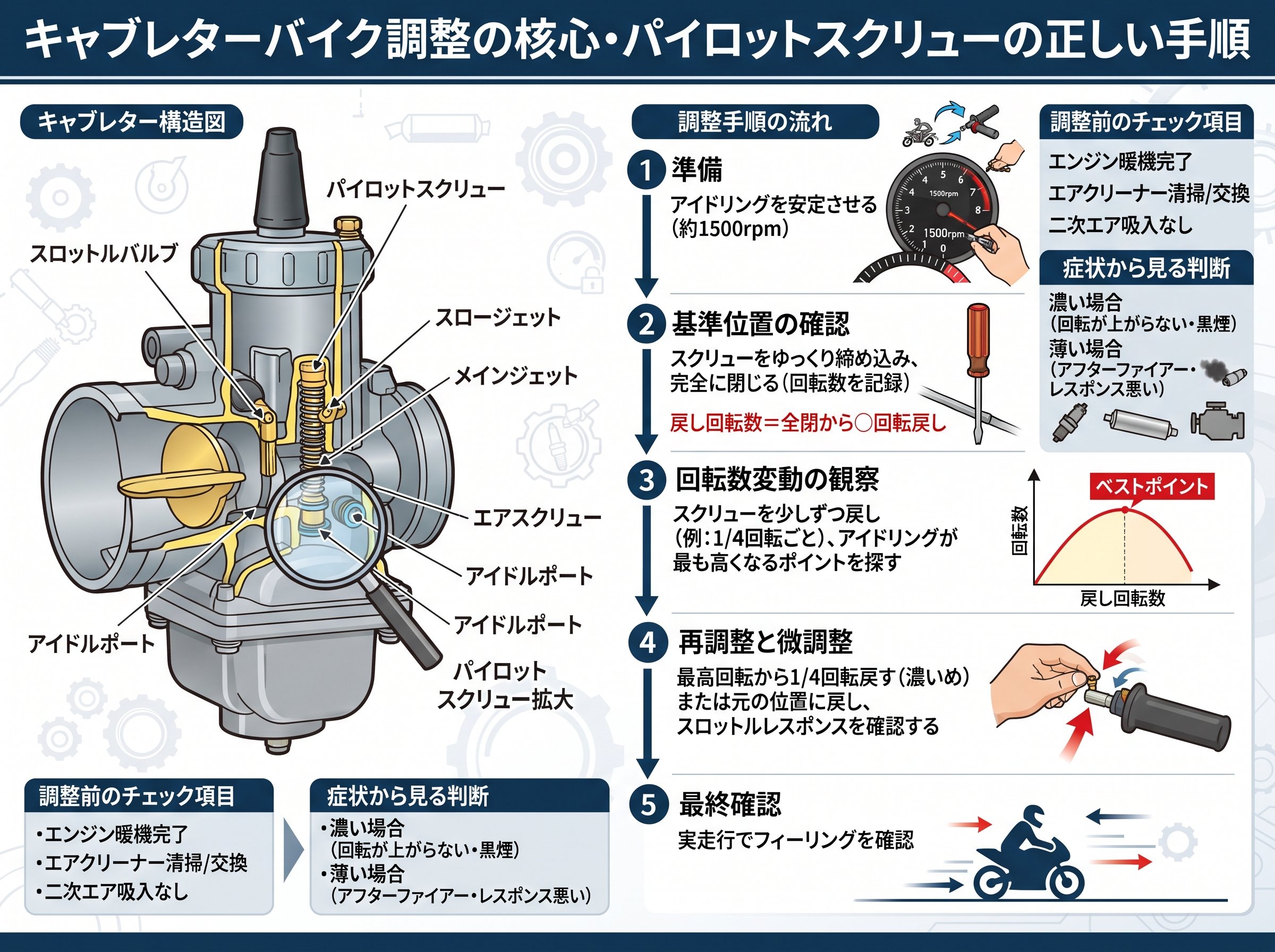 キャブレターバイク調整の核心・パイロットスクリューの正しい手順