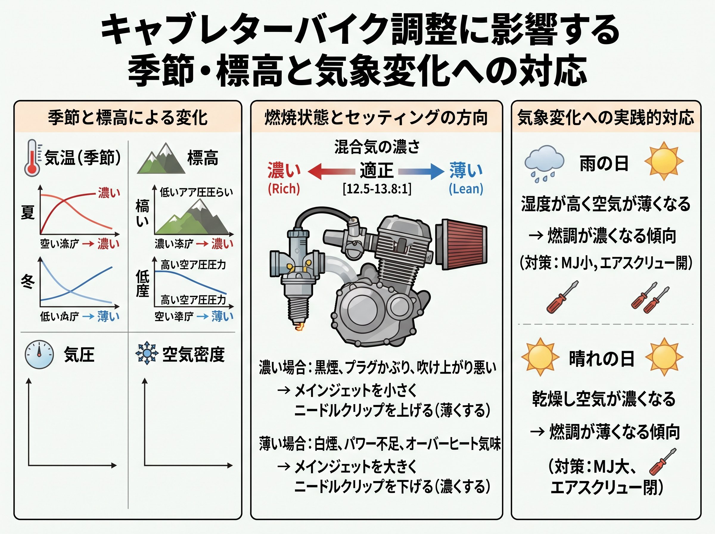 キャブレターバイク調整に影響する季節・標高と気象変化への対応