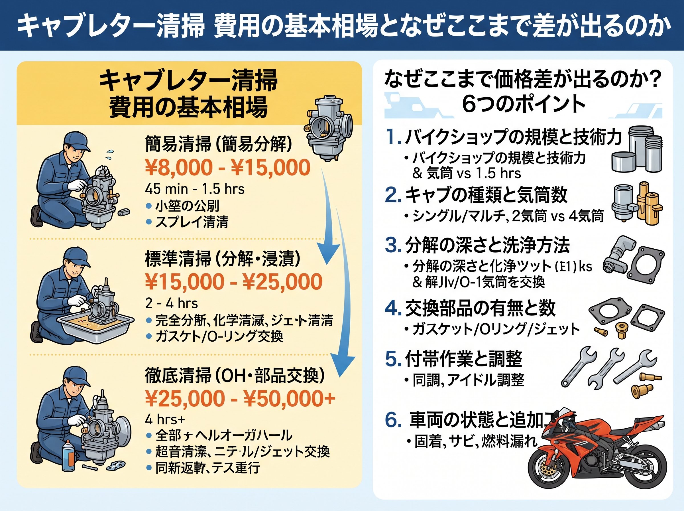 キャブレター清掃 費用の基本相場となぜここまで差が出るのか