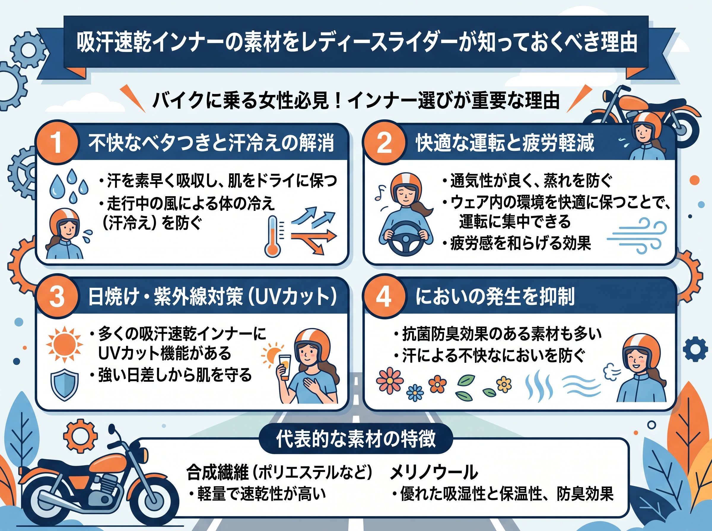 吸汗速乾インナーの素材をレディースライダーが知っておくべき理由