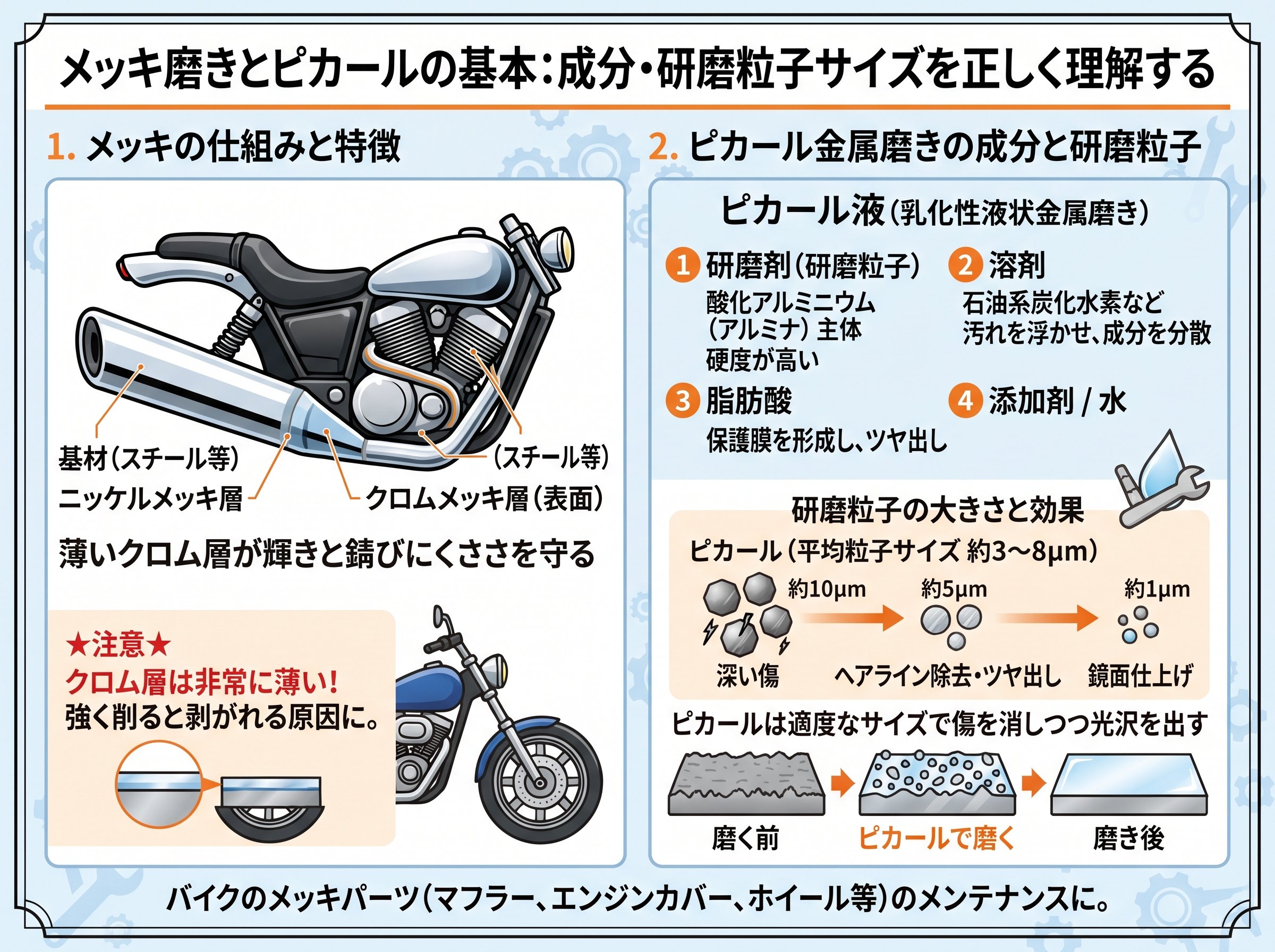 メッキ磨きとピカールの基本：成分・研磨粒子サイズを正しく理解する