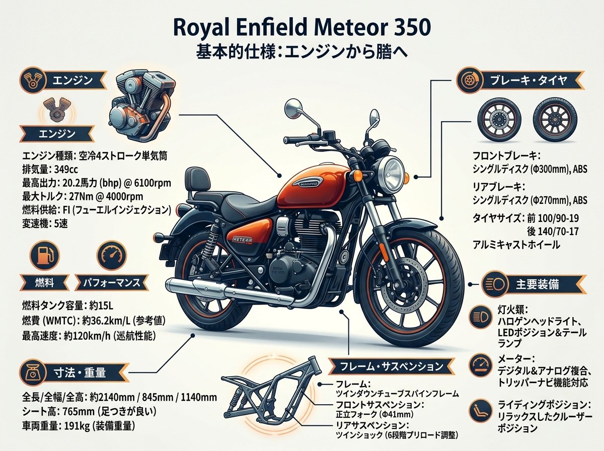 メテオ350の基本スペック一覧|エンジンから車体まで