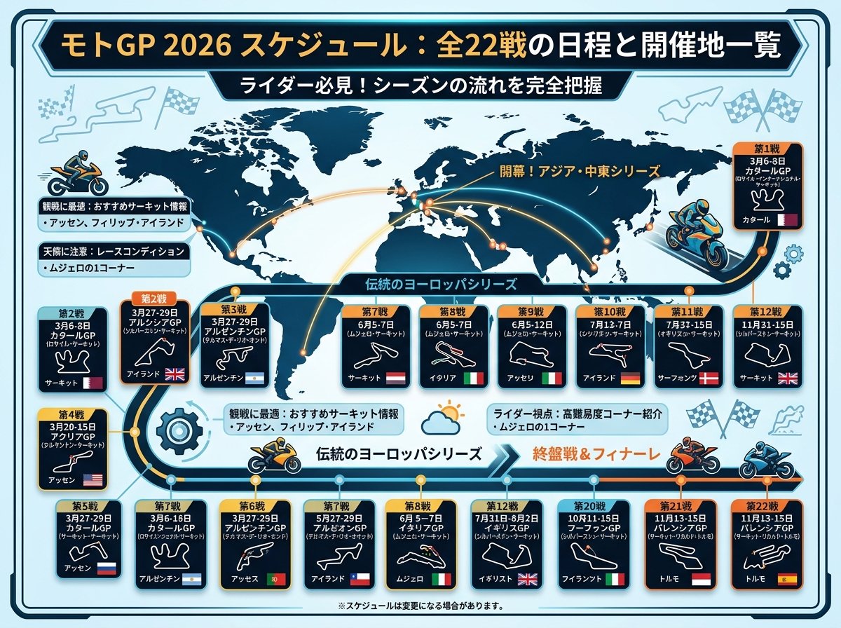 モトGP 2026 スケジュール:全22戦の日程と開催地一覧